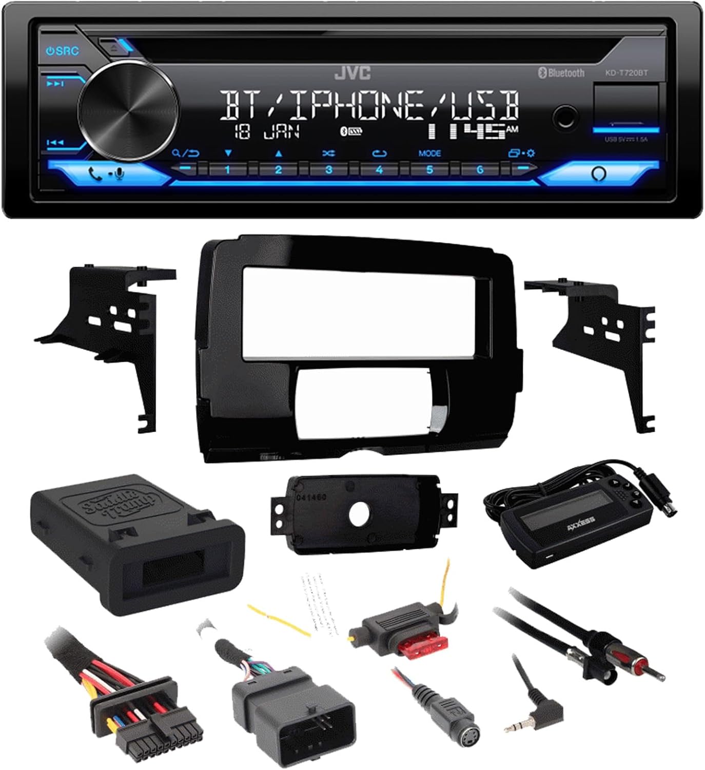 JVC Single DIN Bluetooth USB AUX AM/FM CD Stereo Receiver Bundle Combo with Stereo Install Kit, Handle Bar Control Interface (Fits Select 2014-Up HD Models)