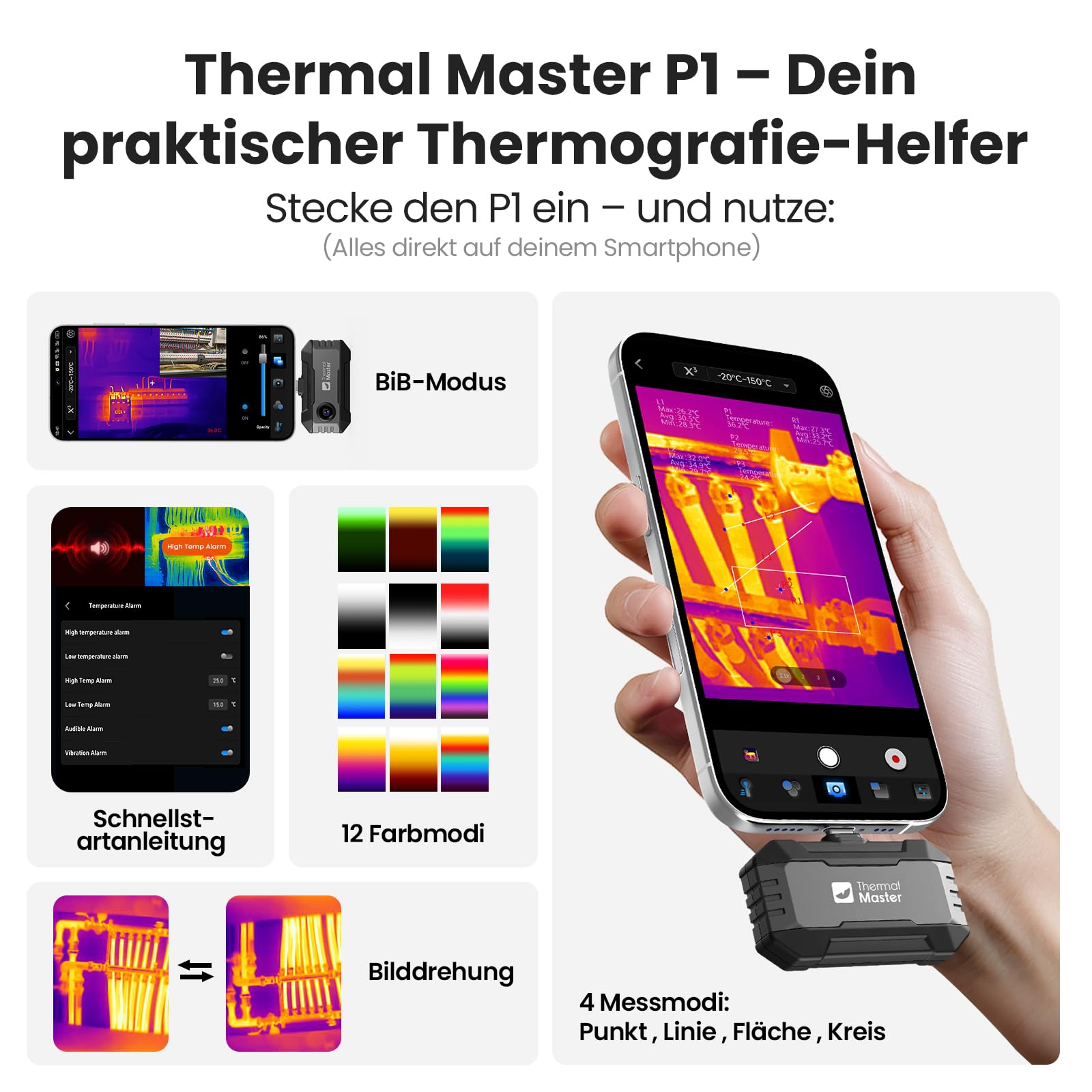 Thermal Master P1 Wärmebildkamera für iPhone 15/16 & Android (USB-C) | 320x240 X³ IR-Auflösung | -20°C bis 600°C | 15x Zoom Infrarotkamera für Hausinspektion, HVAC, Bau & Elektro