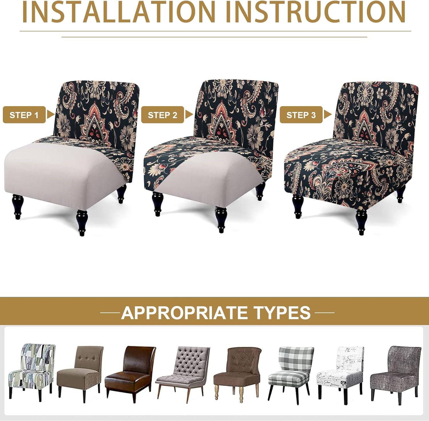 Armless Accent Chair Cover, Stretch Printed Chair Slipcover Soft Slipper Chair Covers Furniture Protector Covers for Living Dining Room Hotel Reception Chair