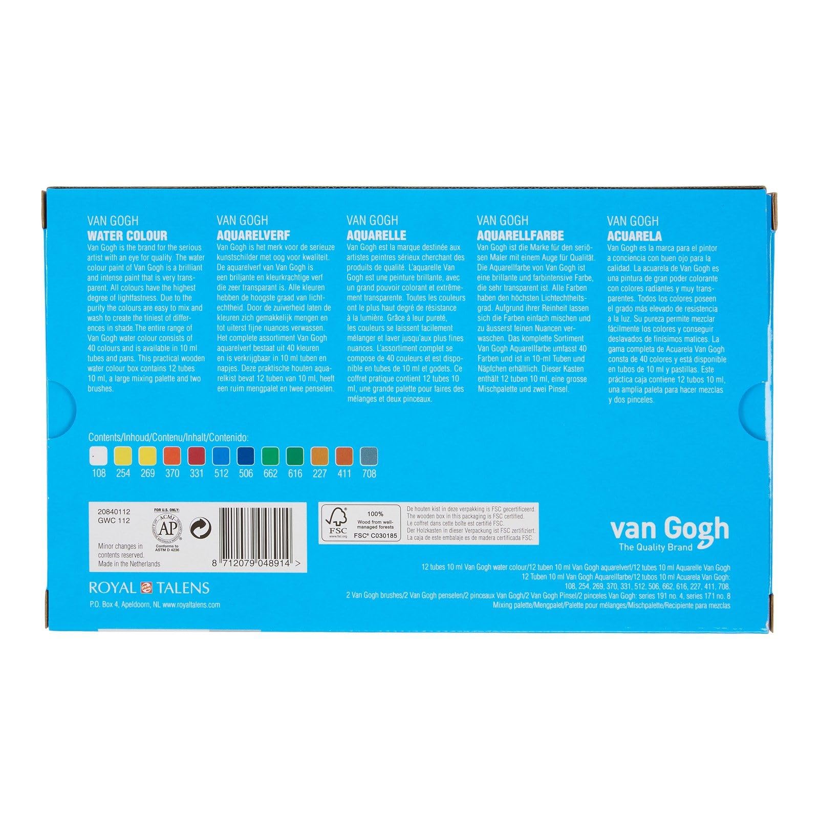 Van Gogh Set de peinture aquarelle, boîte en bois, 12 tubes + 3 accessoires