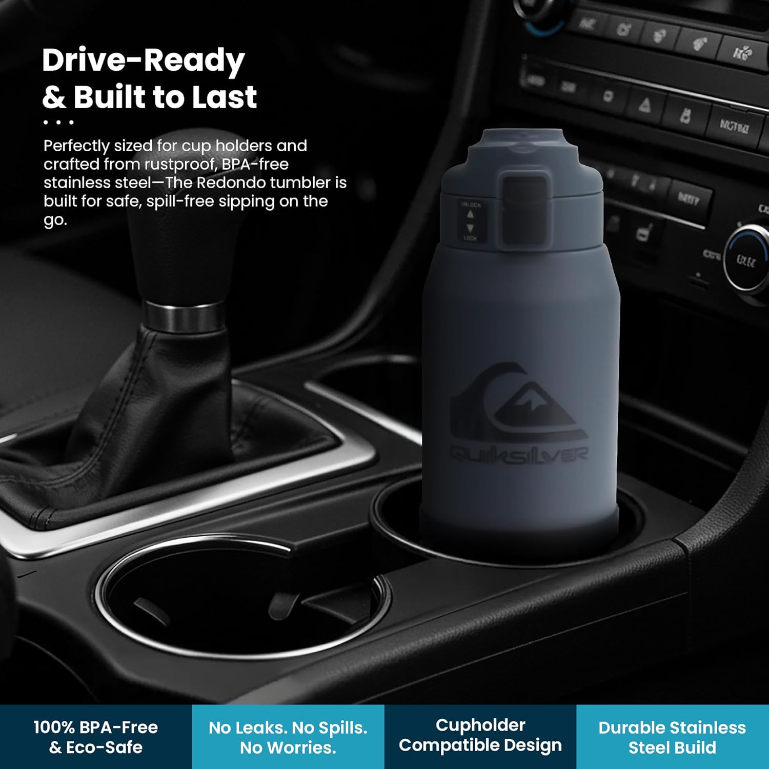 Quiksilver Redondo 32oz Double Wall Stainless Steel Water Bottle, Reusable Sports Bottle with Leak-Proof Lid, Non-Slip Rubber Base, Carrier Handle, insulated Tumblers, 24H Hot & Cold Beverage