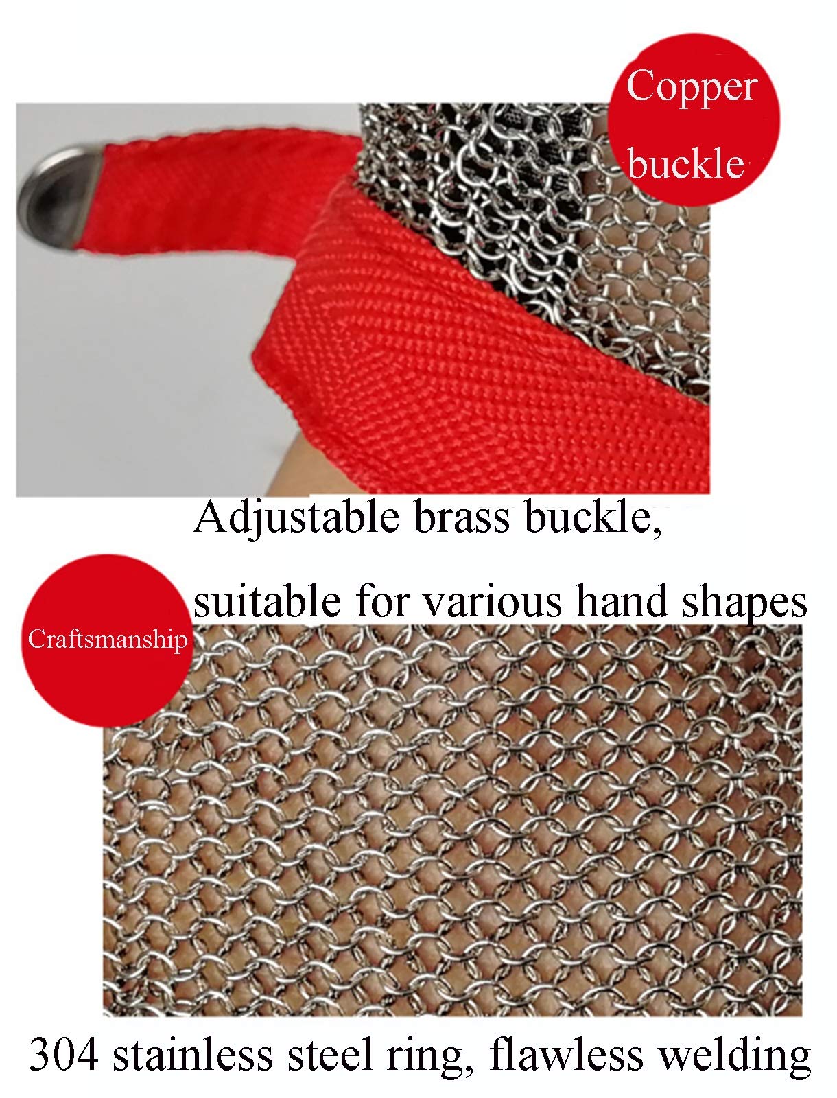 Guantes Anticorte Guantes Anti-Corte con Anillo De Acero Inoxidable 304, Correa De Muñeca, Guantes De Trabajo De Seguridad Ajustables, XS, S, M, L, 1 Pieza (Size : Large)