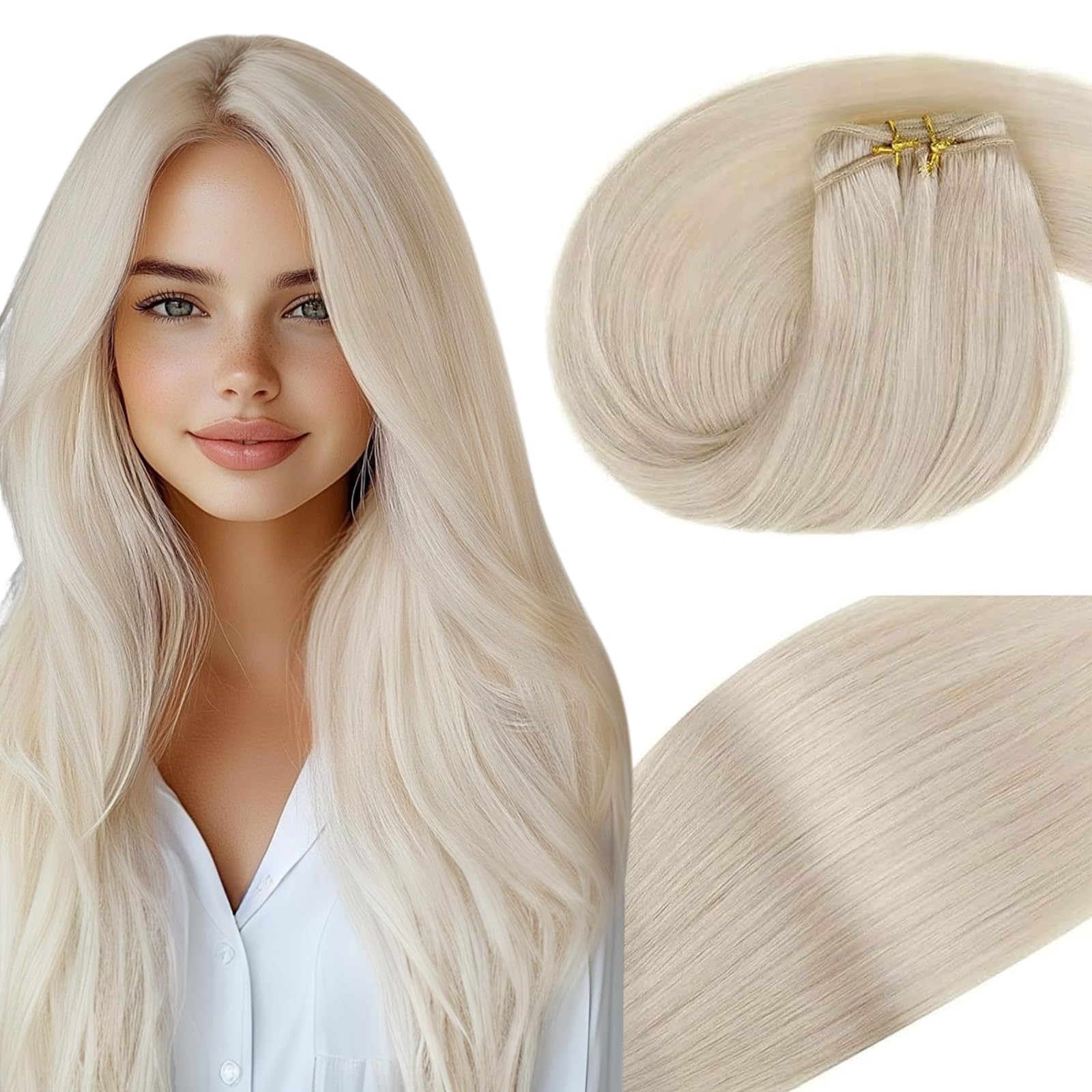 Vivien Blonde Sew in Hair Extensions Real Human Hair Platinum Blonde #60 Human Hair Weft Extensions Double Weft for Women Straight Human Hair