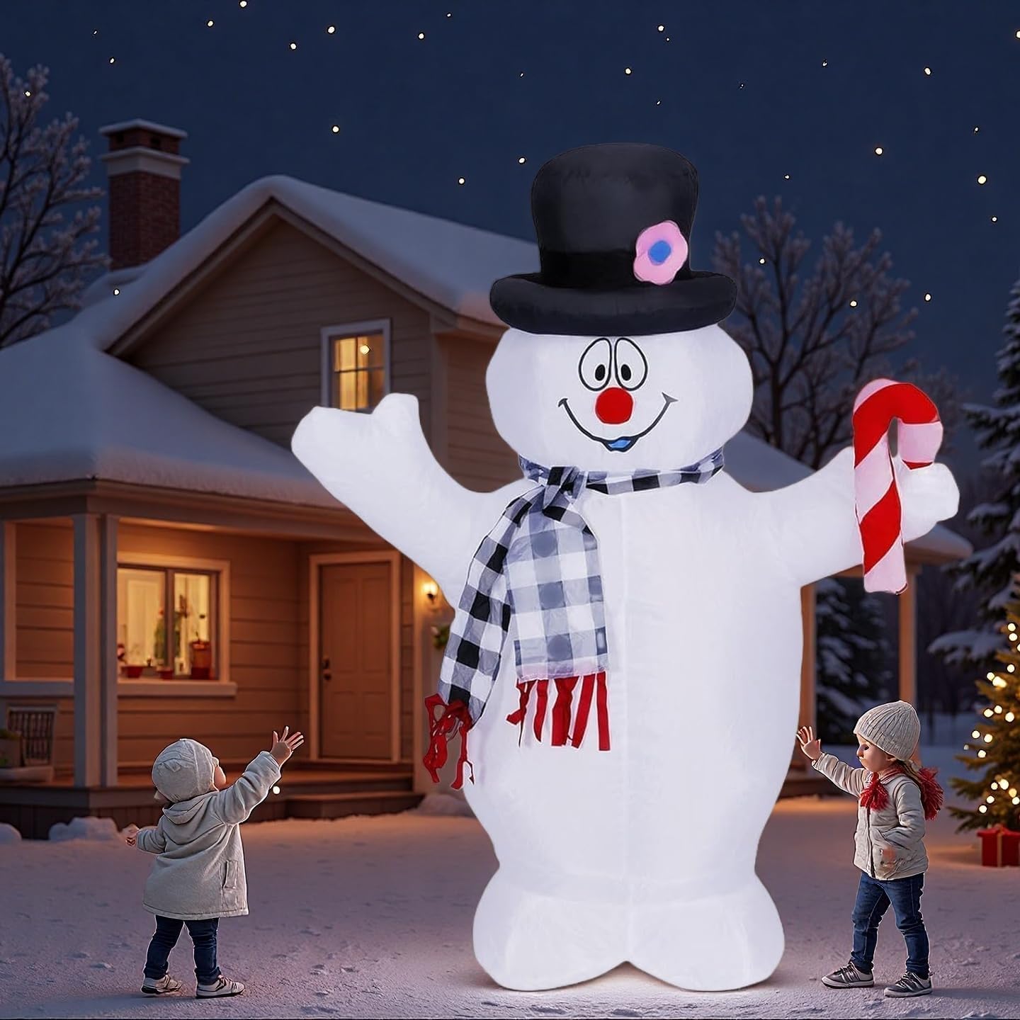4FT Lighted Inflatable Snowman Christmas Decor – Compact Outdoor Yard Ornament with Built-in LED, Plaid Scarf & Candy Cane, Self-Inflating Holiday Lawn Decor for Porches/Patio Winter Festivities