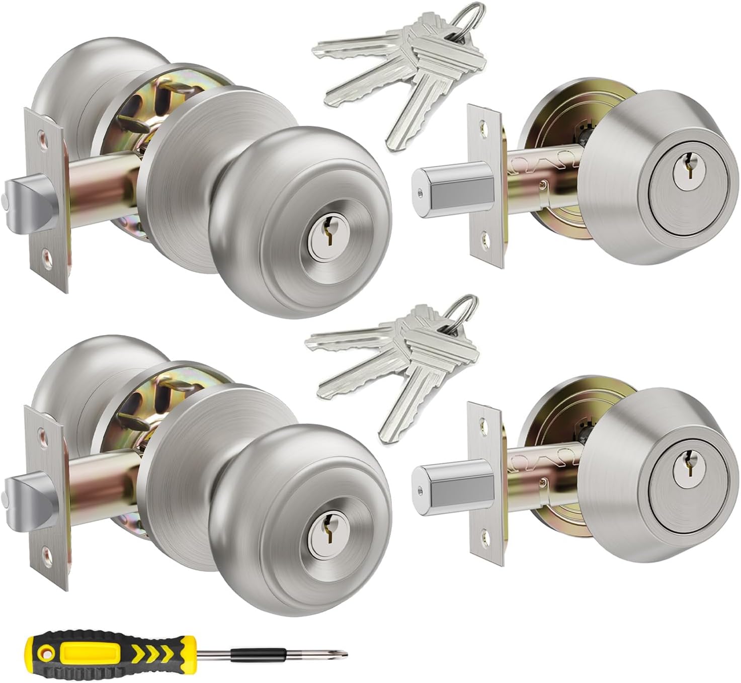 2 Set All Keyed Same Entry Door Knobs and Single Cylinder Deadbolt Combo Set for Entrance and Front Door, Keyed Alike Exterior Door Lock Set with Keys, Satin Nickel Deadbolt Lock and Door Knob Set