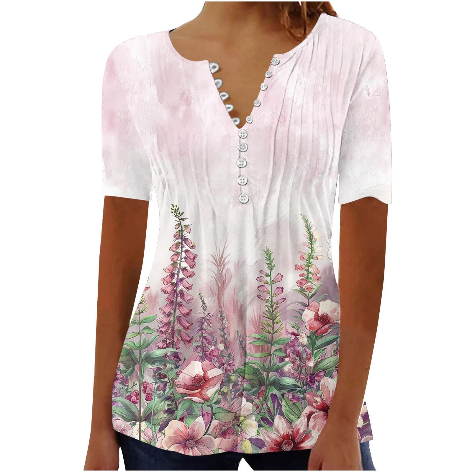 SMIDOW Summer Tops for Women 2026 Trendy Boho Floral Print Tunic Shirts Short Sleeve Button v Neck Tshirt Casual Loose Blouse