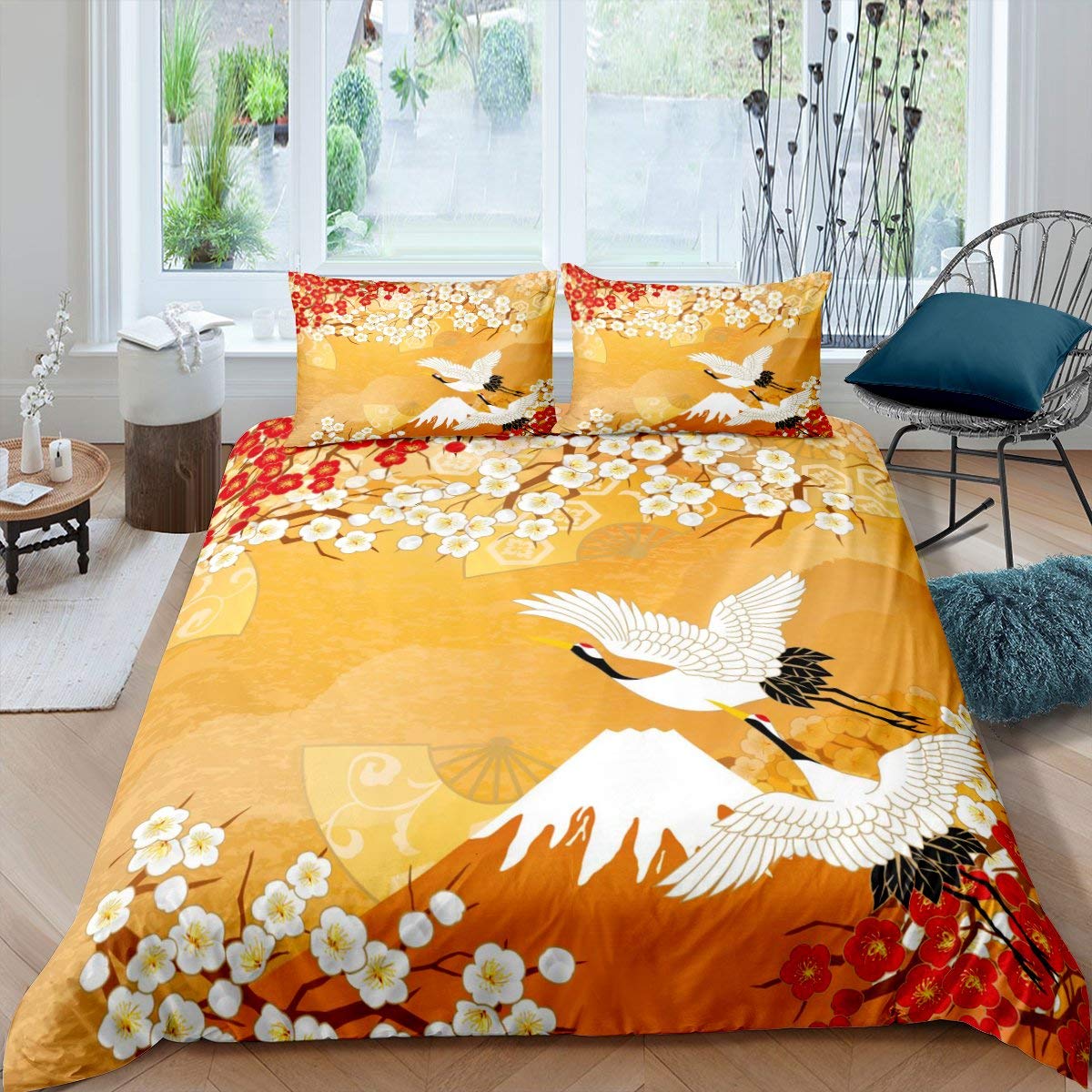 Housse de couette style japonais parure de lit double fleurs rose