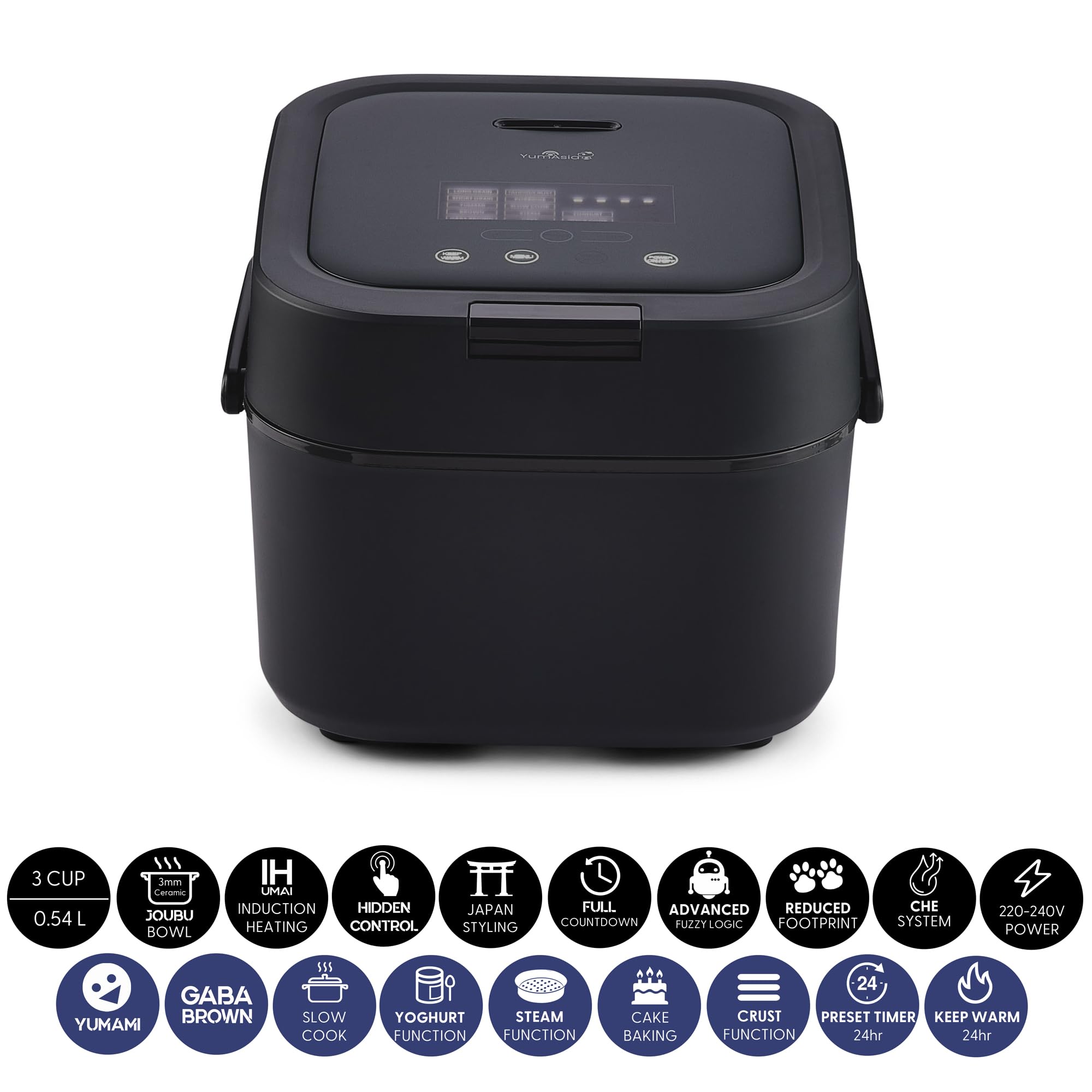 Yum Asia Hotaru Cuociriso a induzione (IH) con ciotola in ceramica (3 tazze, 0,54 litri), 7 funzioni di cottura del riso, 5 funzioni multicooker, 220-240V UE