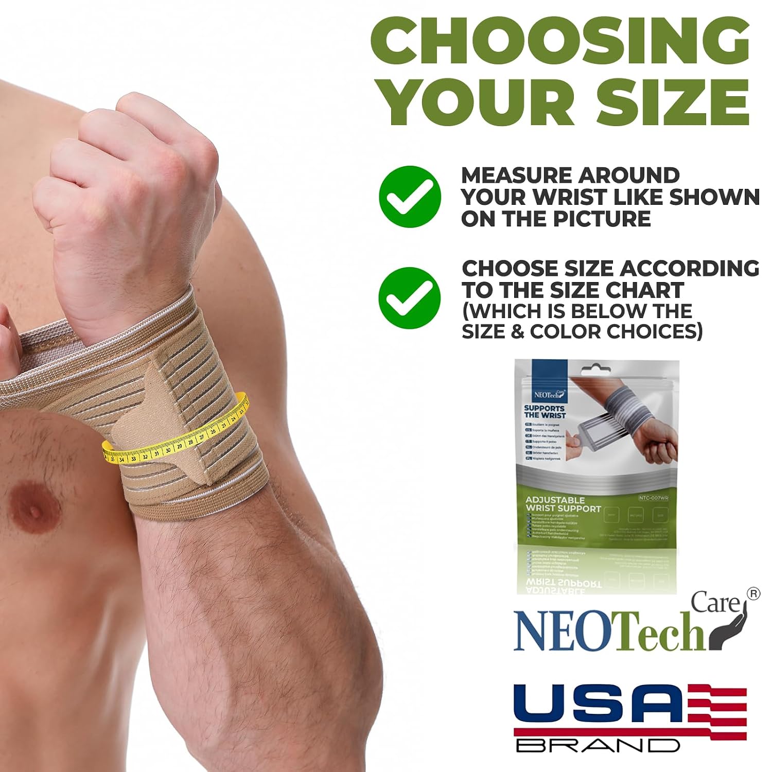 NeoTech Care Wrist Band - Adjustable Compression Strap - Elastic & Breathable Fabric - Support Sleeve for Tennis, Sports, Exercise - Men, Women, Right or Left (Beige Color, Size S, 1 Unit)