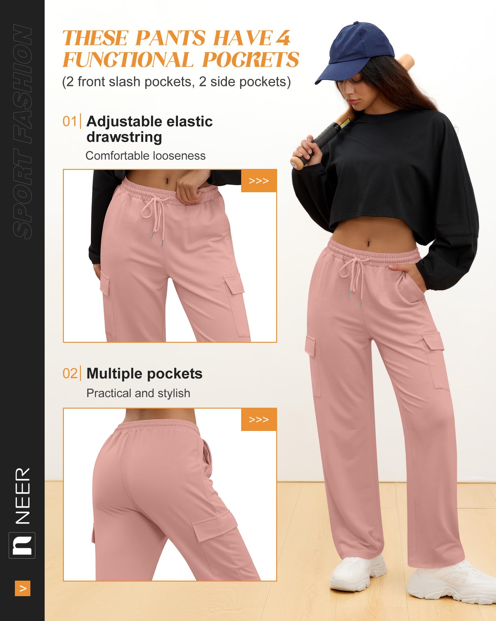 Neer 3 Pack Pantalones Cargo Deportivos para Mujer, Pantalones Holgados de Pierna Ancha, Joggers Casuales con 4 Bolsillos