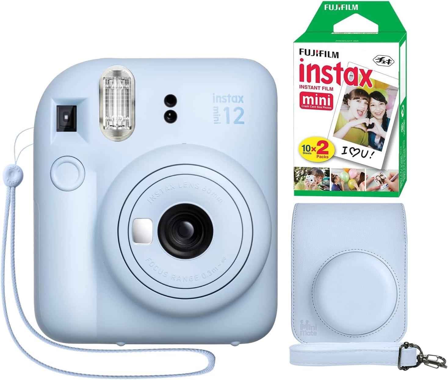 Instax Mini 12 Instant Camera + Minimate Custom Case + Fuji Instax Film 20 Sheets Twin Pack (Pastel Blue)