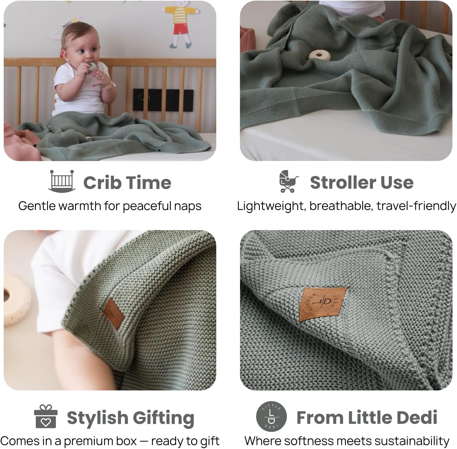 100% Organic Cotton GOTS Certified Baby Knitted Blanket with Gift Box - Soft Toddler, Crib, Stroller Blanket - Neutral Swaddle and Receiving Blanket for Newborns, 30"x40", Green
