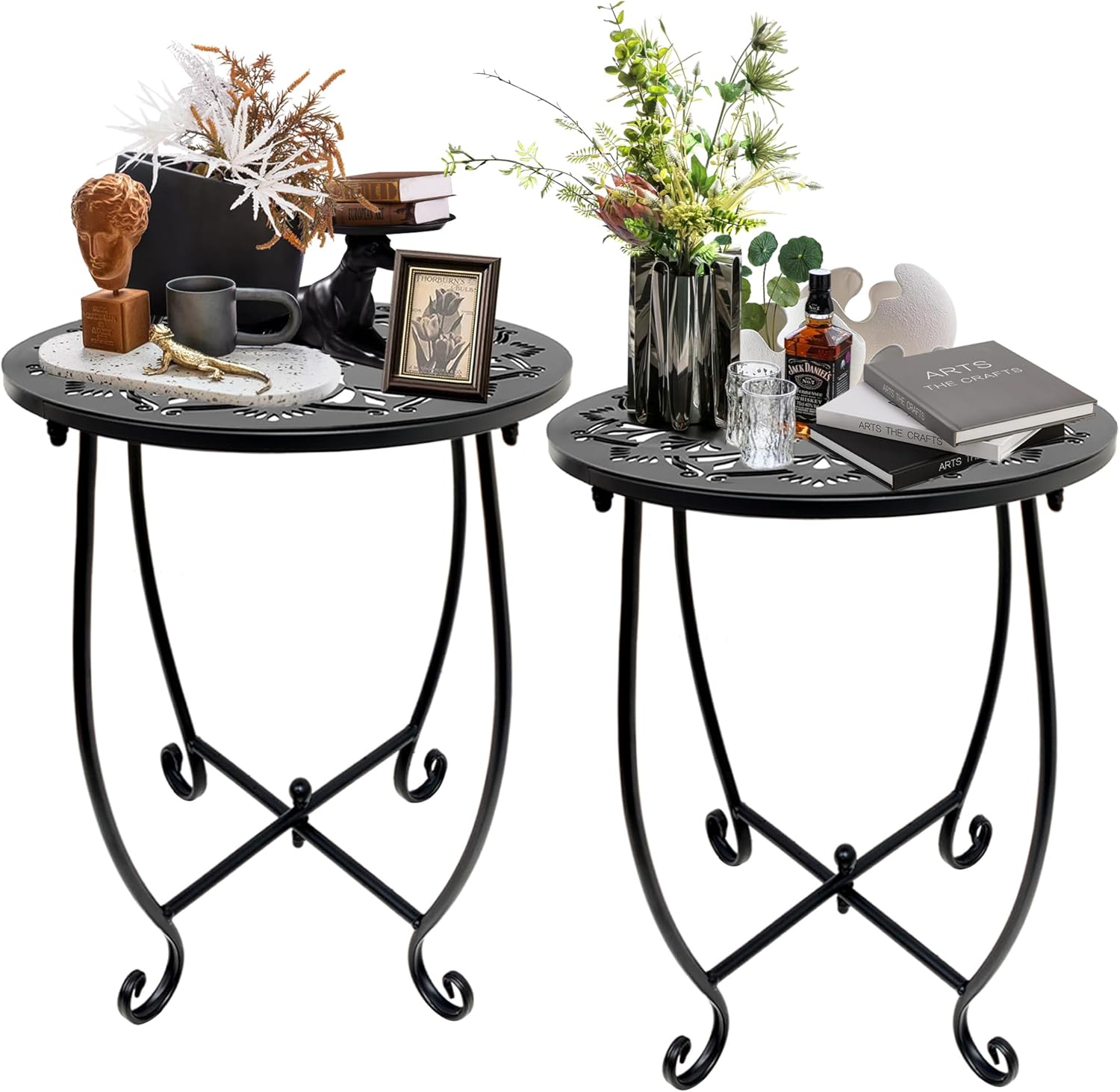 2 Pack Outdoor Side Tables for Patio,14 Inch Weather Resistant Metal Plant Stand Side Table, Round Outdoor End Table Accent Side Table for Patio Yard Porch Balcony Garden Bedside Indoor Outdoor
