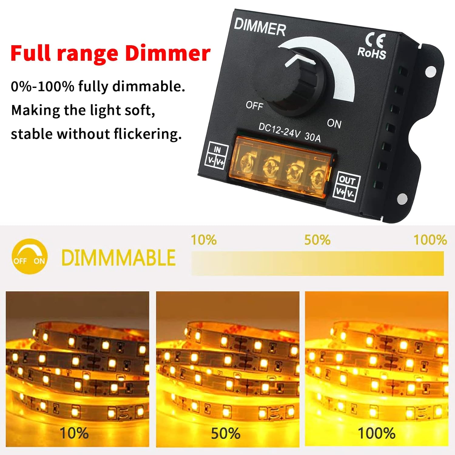 2 Pack LED Strip Light Dimmer Controller DC 12V24V 30A PWM Dimmer