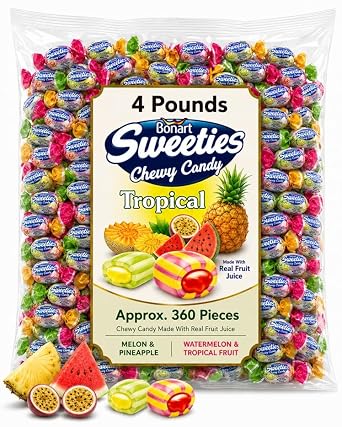 Bonart Sweeties Tropical Fruit Flavors | Individually Wrapped | Made With Real Fruit Juice | Bulk Chewy Candy 4 Pounds
