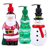 Simple Pleasures Snowman, Santa & Christmas Tree 3 Pack: Holiday Apple, Balsam Fir & Snow Scented Decorative Refillable Soap Dispensers for Kitchen Countertops and Bathroom Sinks