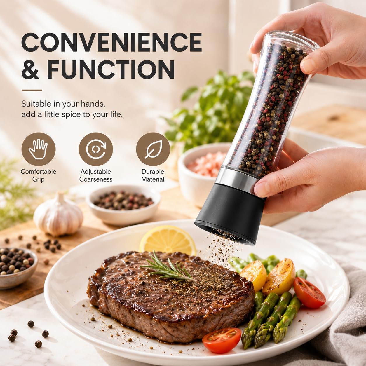 Premium Salt and Pepper Grinder Set of 2, 6 oz Refillable Glass Salt and Pepper Shakers with Adjustable Ceramic Grinder, Manual Pepper Mill Set Includes Funnel & Cleaning Brush, ransparent Lid