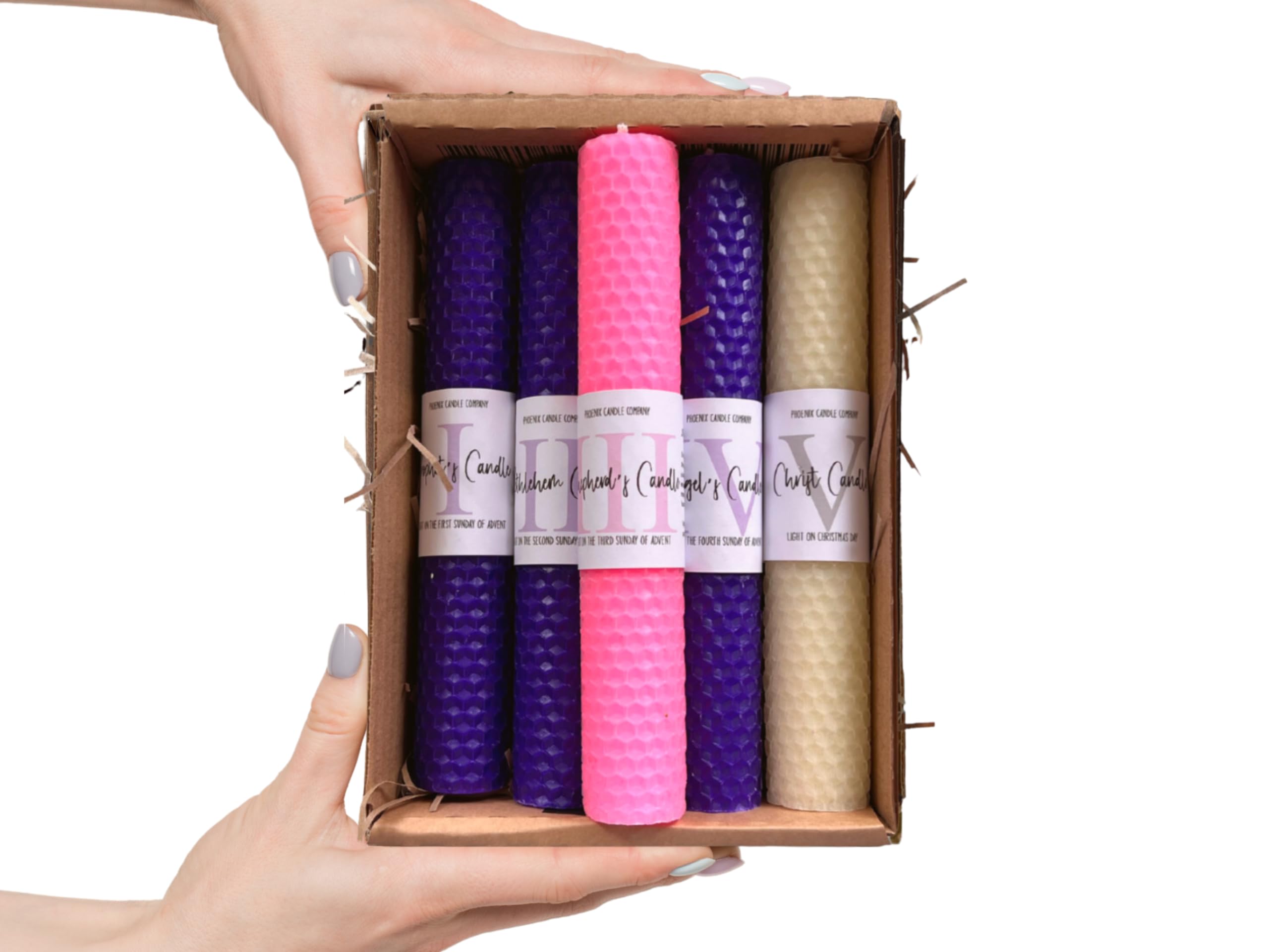 Phoenix Candle Company Set di candele dell'Avvento in cera d'api con preghiere dell'Avvento, 5 pezzi, arrotolate a mano
