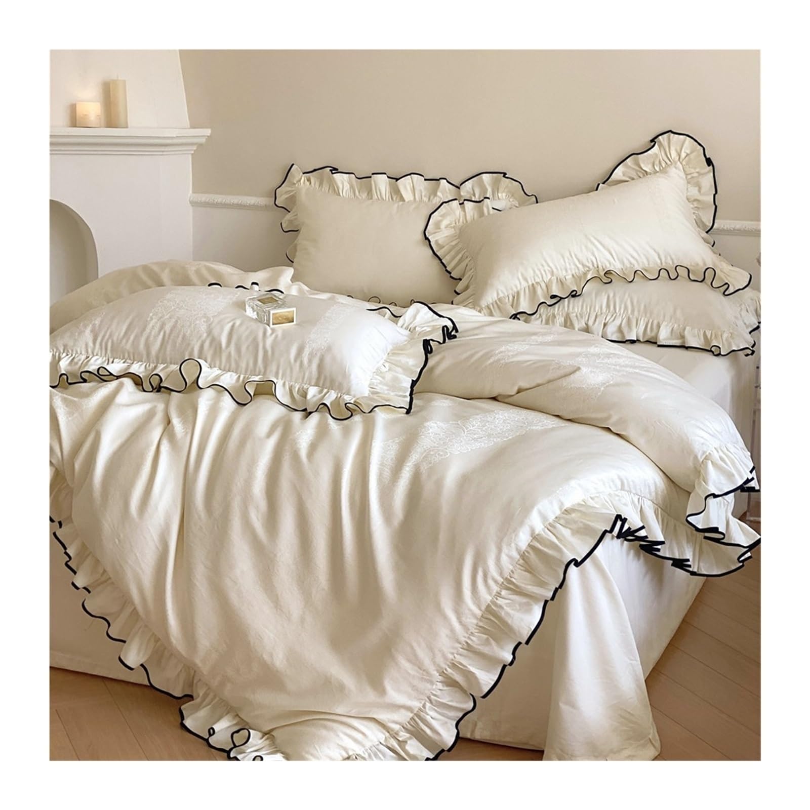 ZHSOAO Cotton Wedding Bedding Set Ruffles Black Edge Jacquard Duvet Cover Bed Sheet Pillowcases for Bed(White,King 220X240cm 4pcs)