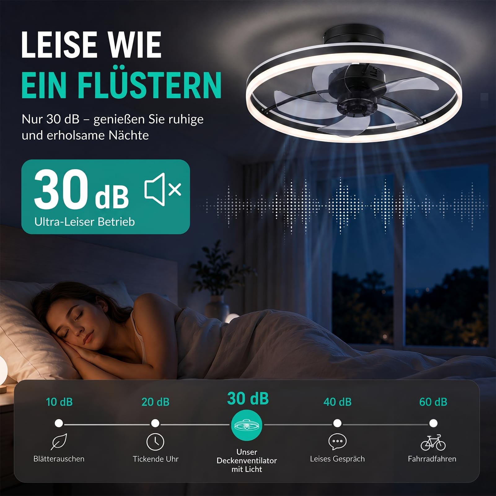 Deckenventilator mit Licht 50cm LED Dimmbar 3000K-6000K Fernbedienung App-Steuerung Flüsterleise 30dB Schlafzimmer Wohnzimmer Schwarz
