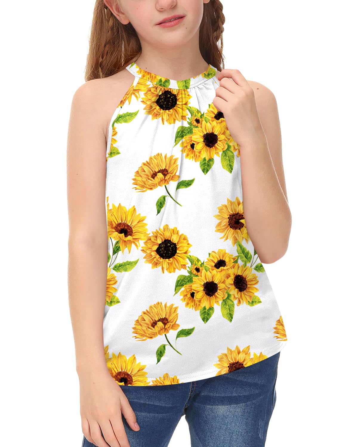 BesserBay Girls Summer Back Button Halter Neck Tank Top Cold Shoulder Casual Blouse Pleated Sleeveless Shirts 5-14 Years