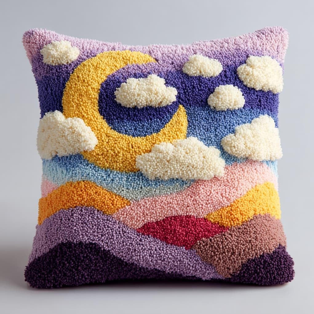 WallustrioaW Latch Hook Cushion Kits for Adults,Moon and Clouds,Latch Hook Pillow Case Kits Handmade Kids Parents Gift,17x17in