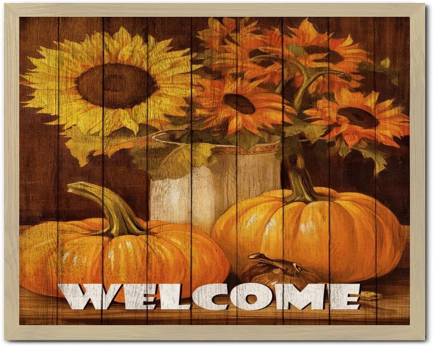 Funny Wall Decoration Framed Wooden Sign Welcome Country Wall Art Wood Plaque Sign 16x20in Autumn Yellow Flowers Pumpkin Wooden Hanging Signs Home Decor for Nursery Outdoor