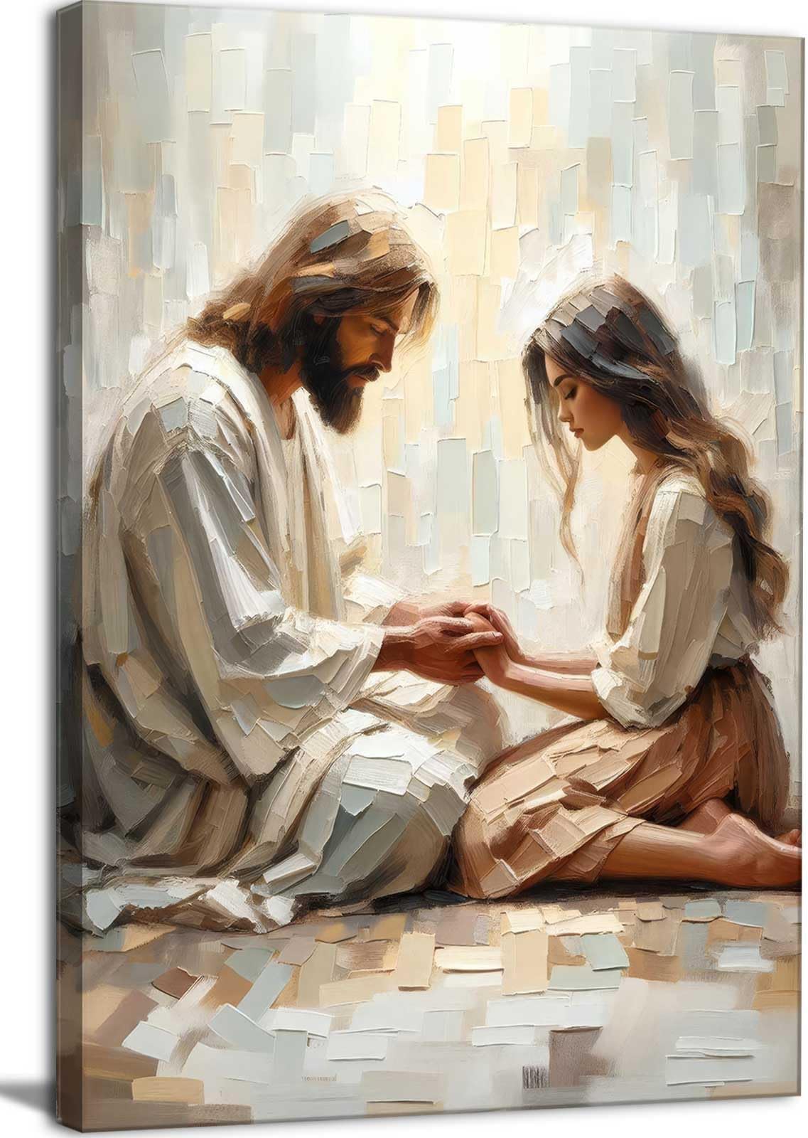 Christian canvas wall art jesus and woman praying poster print god bible painting art work jesus heals woman bedroom church wall decoration (white, 12x16in canvas)