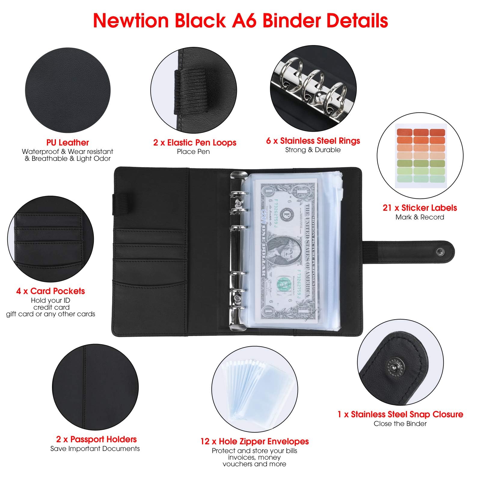 Newtion - Raccoglitore formato A6 e 12 buste trasparenti in PVC, con buste per contanti per budgeting, mini tasche per raccoglitore, buste per budget e budget