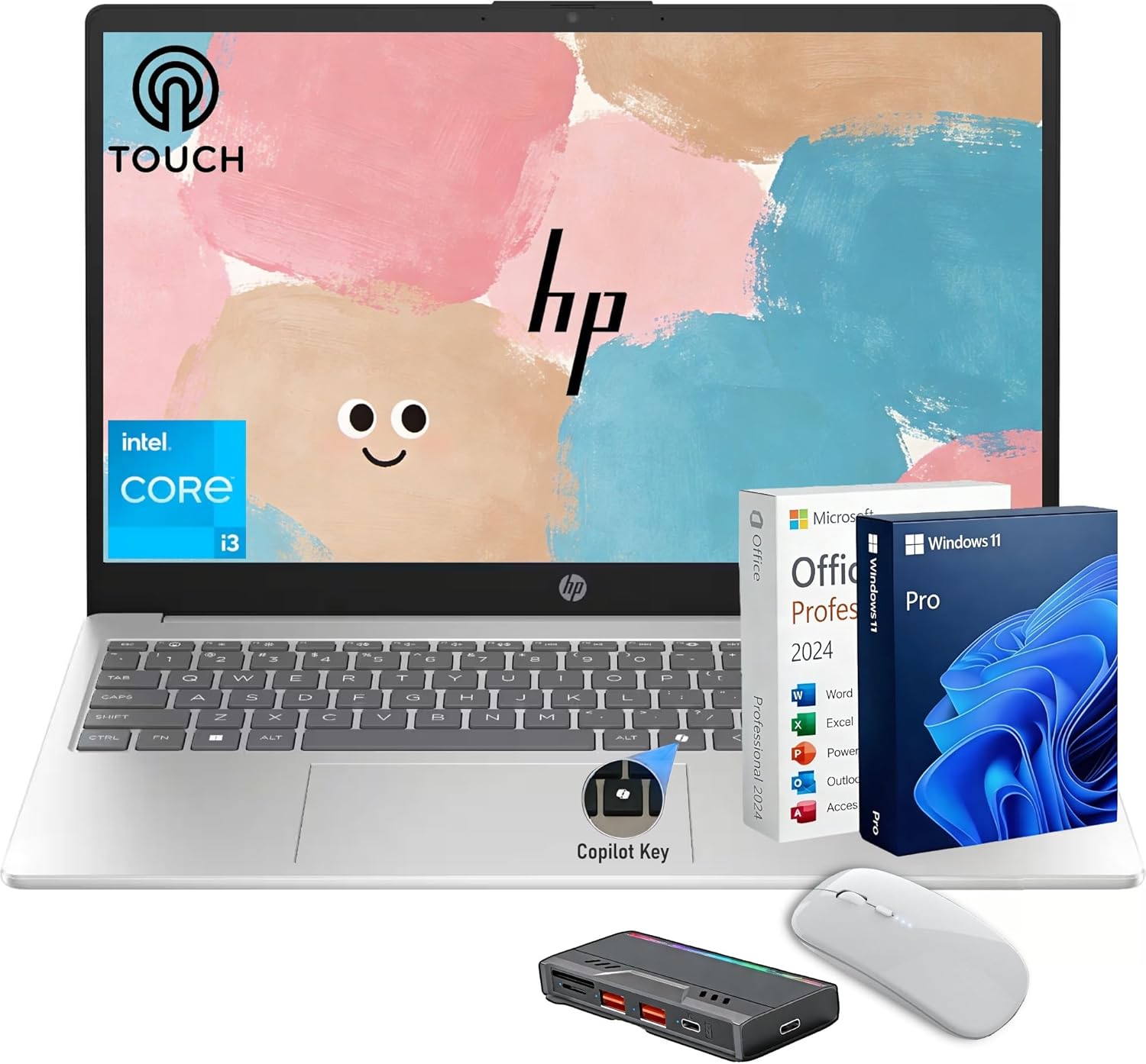 HP 15.6" Touchscreen Laptop, 13th Intel Core i3-1315U, Windows 11Pro, Free Lifetime MS Office • Copilot AI, 16GB RAM, 1.26TB Storage (1TB SSD+256GB Docking Set), w/Mouse, for Business/Students/Home