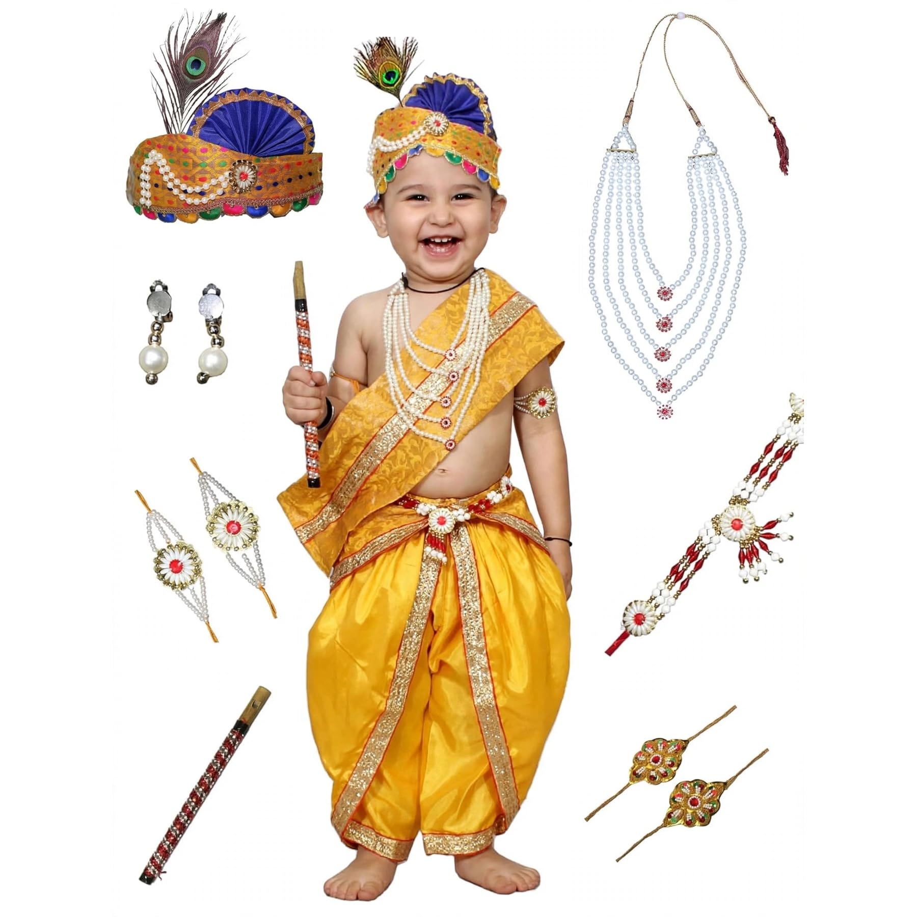 Kaku Fancy Dresses Krishna Costume with Dhoti for Boy/Janmashtami/Bal Gopal Dress/Kanha Costume/Bal Krishna/Mythological Costume for Boy - Yellow-Red, 1-2 Years