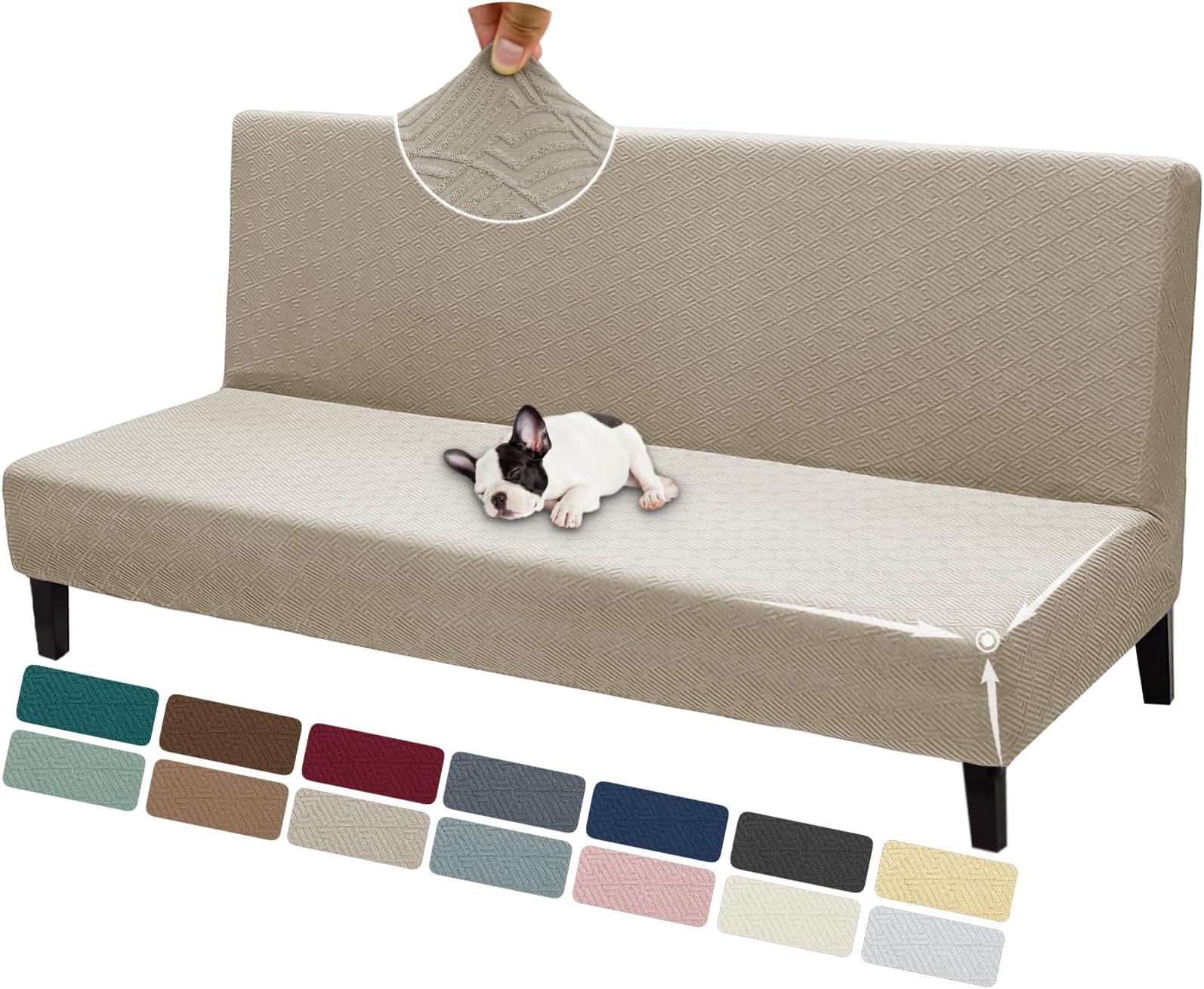 ZNSAYOTX Armless Futon Cover Super Stretch (67"-82") Jacquard Futon Sofa Bed Slipcover with Non-Slip Elastic Bottom, Universal Sofa Mattress Covers Full Queen Size (Soft Durable Washable, Khaki)