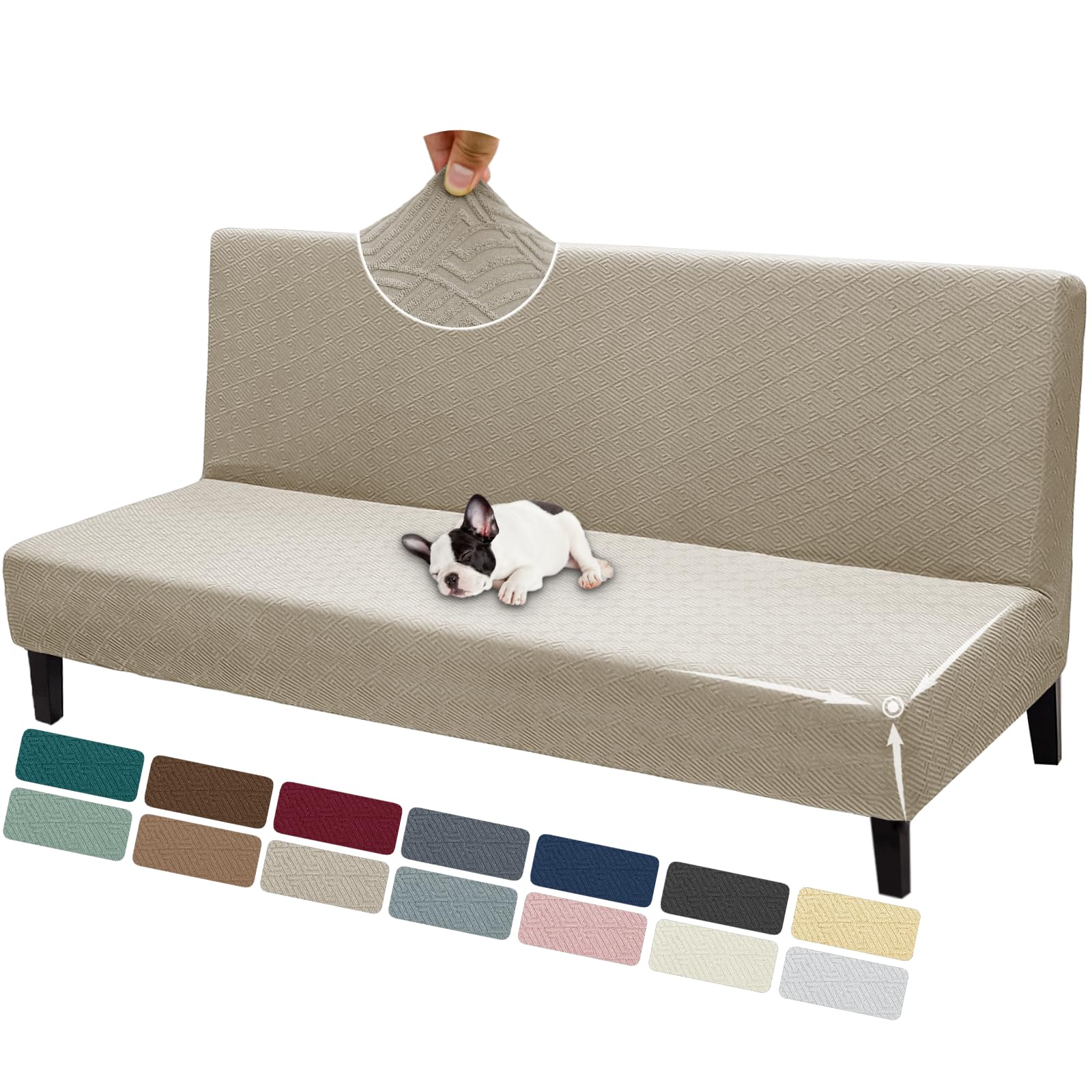 ZNSAYOTX Armless Futon Cover Super Stretch (67"-82") Jacquard Futon Sofa Bed Slipcover with Non-Slip Elastic Bottom, Universal Sofa Mattress Covers Full Queen Size (Soft Durable Washable, Khaki)