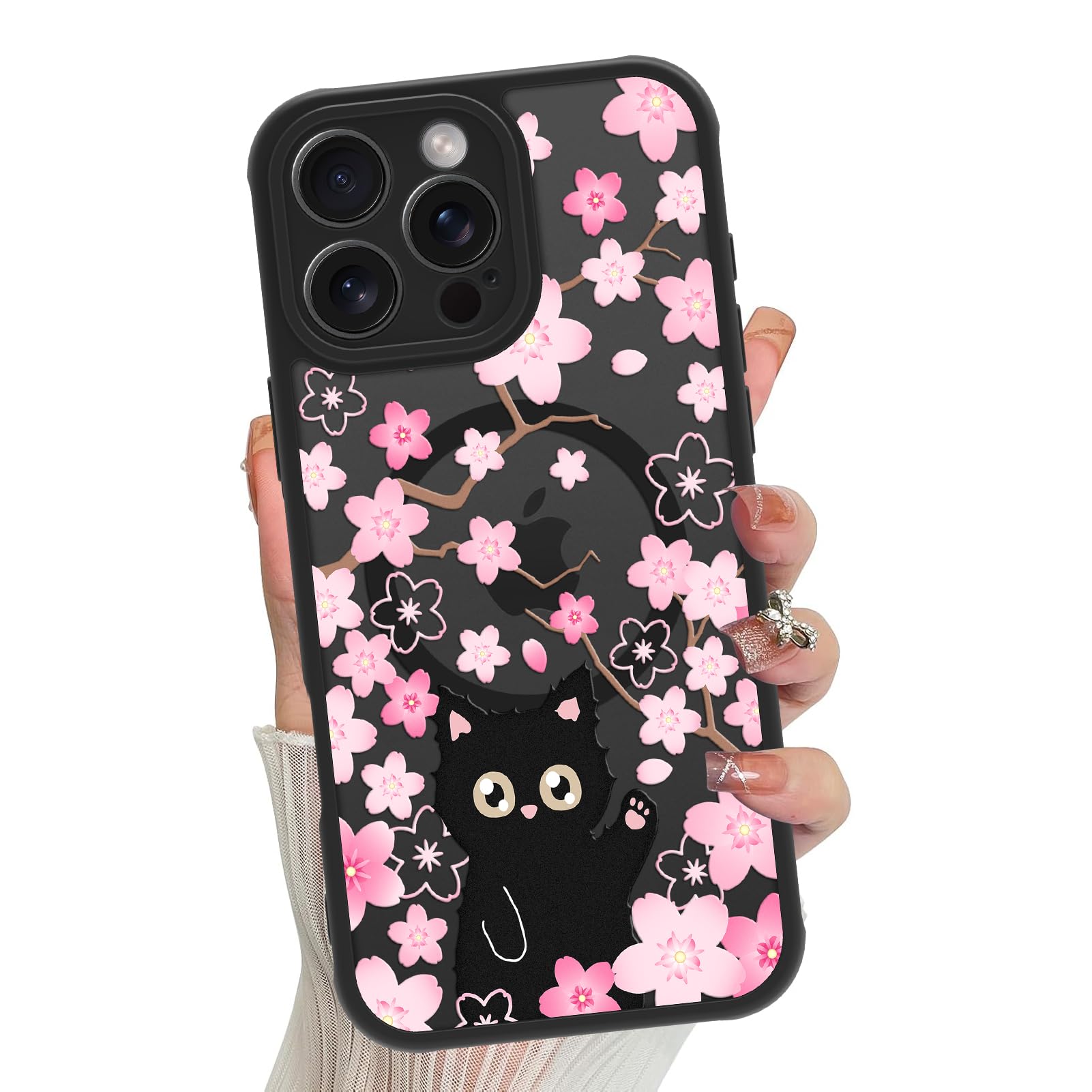 Jefonha Magnet-Hülle Für IPhone 16 Pro – Niedliches Katzen- & Kirschblüten-Design, MagSafe-kompatibel, Matte Oberfläche