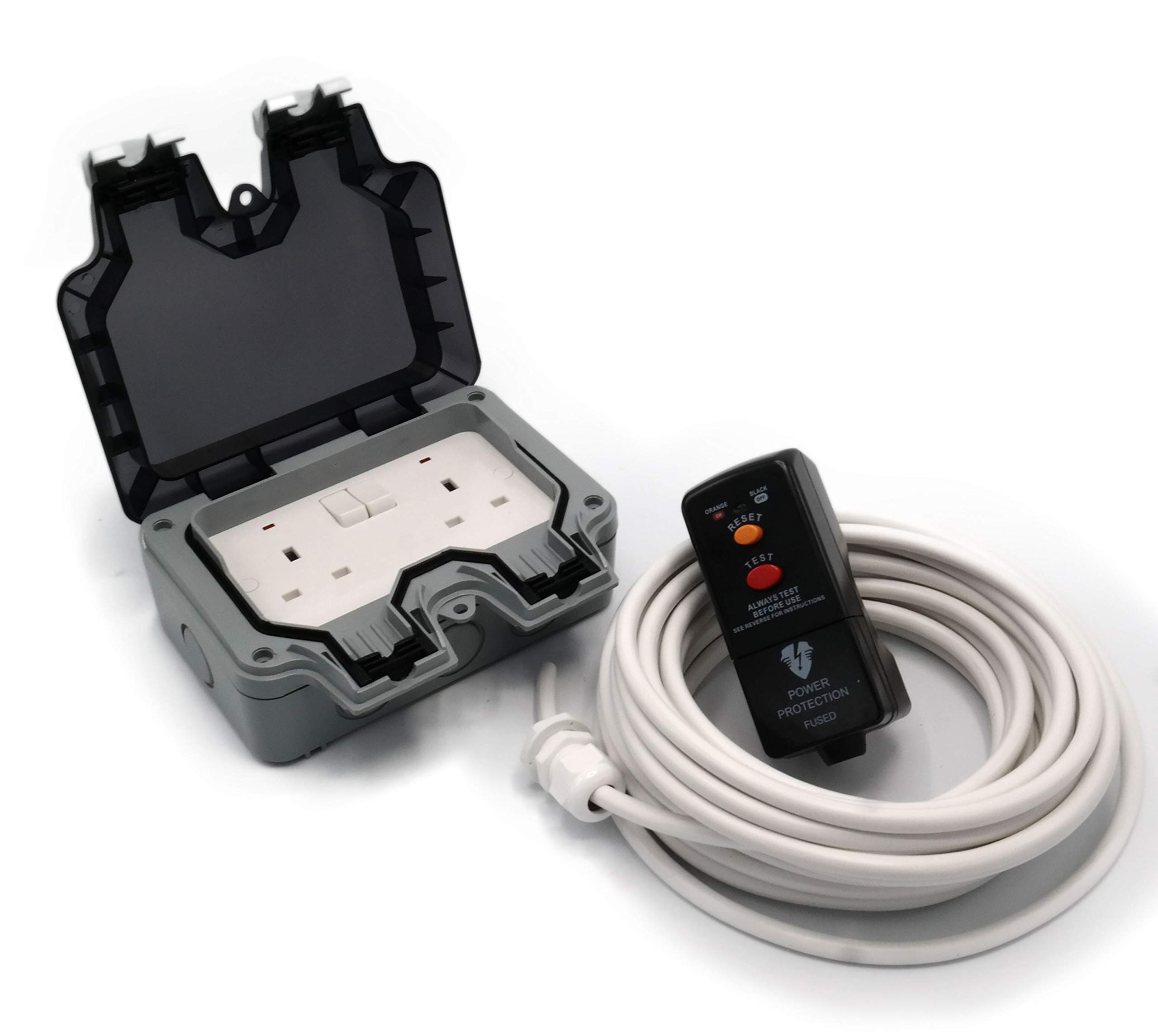 HDIUK Outdoor socket wiring kit RCD Plug, Cable, Twin IP66 Switched 13a Sockets (10 Metre Cable, White Cable)