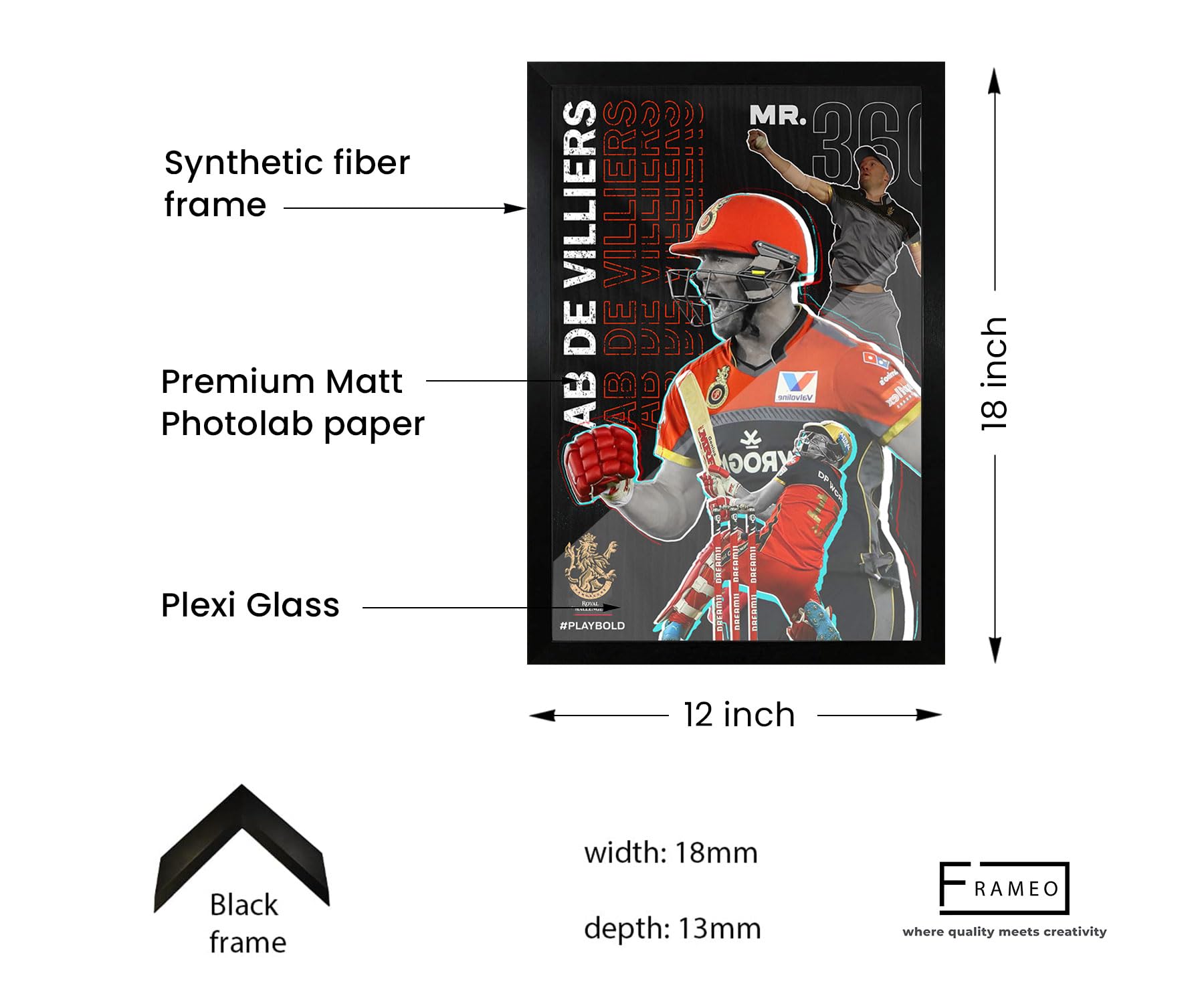 FRAMEO STORE AB De Villiers RCB Glass frame, AB De VIlliers Royal challengers Bangalore wall art framed poster (A3 size - 12 X 18 Inches) 2
