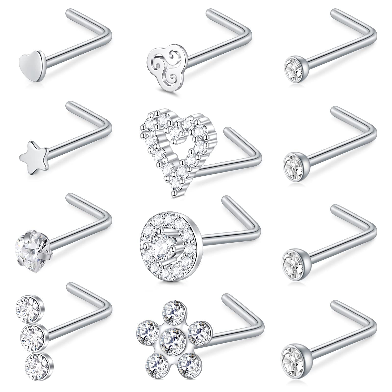 Crdifu12Piezas Piercing Nariz Tornillo L Forma Barra de Nariz Plata 18G Acero Inoxidable con Corazón Bola Plato Piercing Joyas