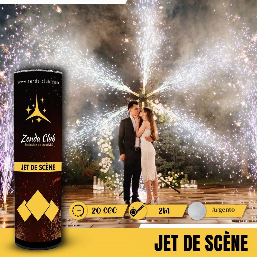 ZENDA CLUB® – Set di 5 getti di scena argentati – 2 metri / 20 secondi – senza trigger – Effetti luminosi spettacolari – Animazione professionale – Categoria F1