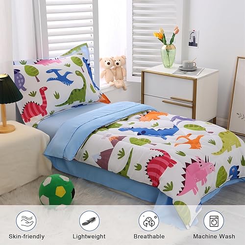 Miniatura 4 de Wowelife GET-JOI3-12 - Juego de ropa de cama de 4 piezas, edredón de dinosaurio de niños pequeños, sábana encimera, sábana bajera y funda de