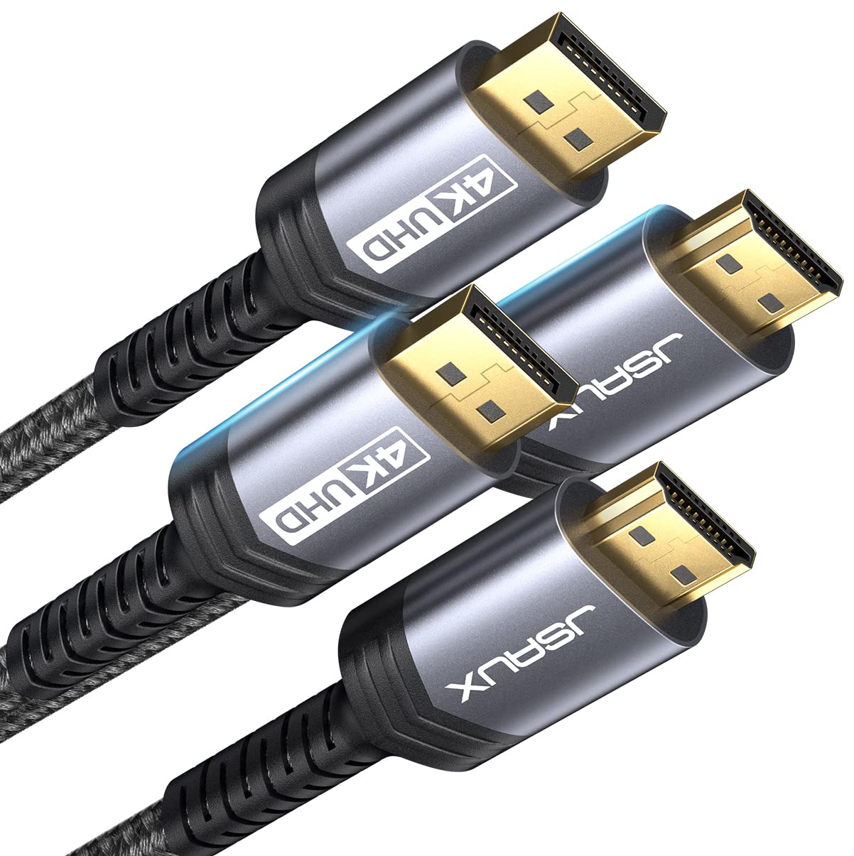 4K DisplayPort to HDMI Cable Adapter 2Pack 6.6FT, JSAUX DP to HDMI Male UHD 4K@30Hz/2K@60/1080P@120 Nylon Braided Uni-Directional HDTV Cord for Dell,