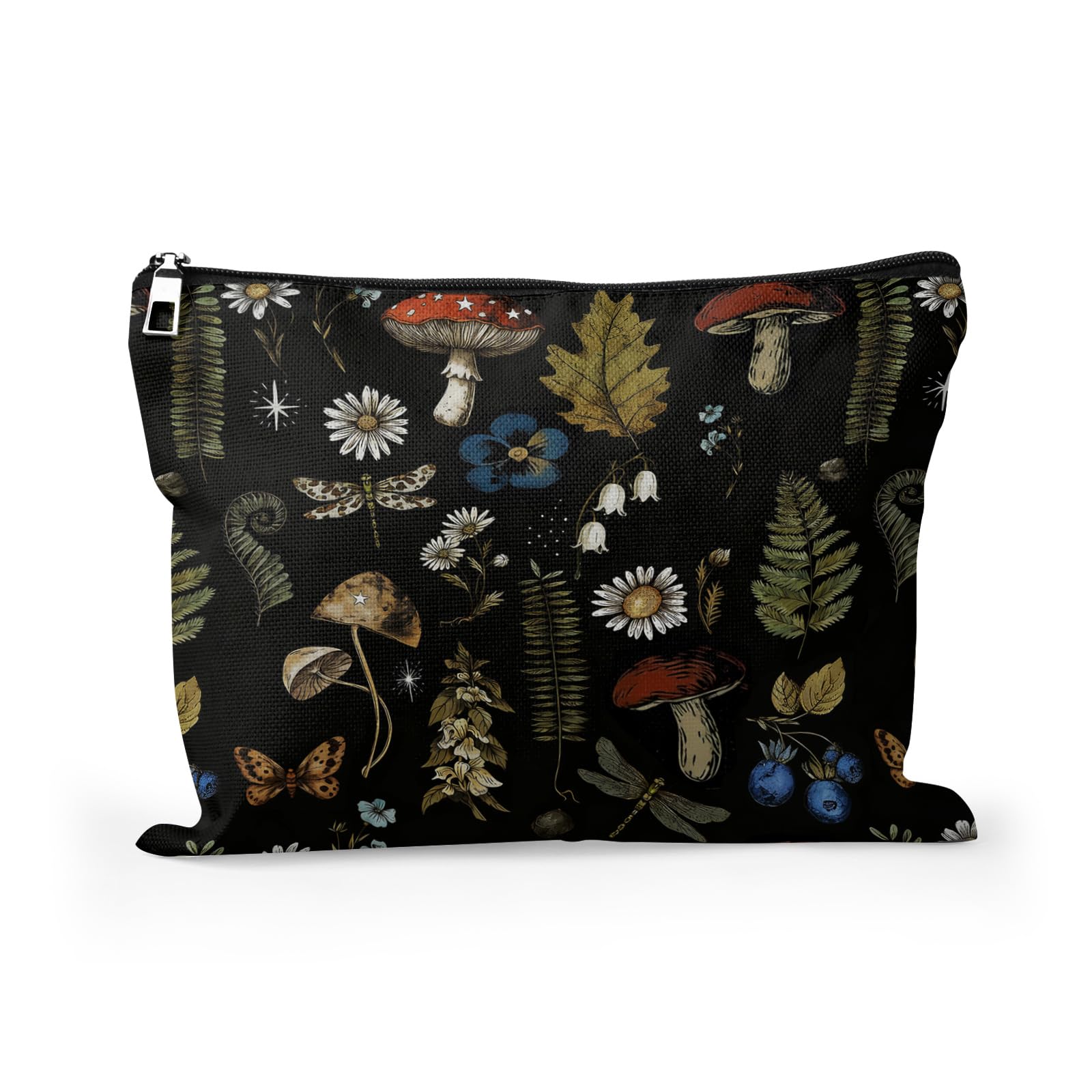 Cafl Vintage Woodland Makeup Bag Travel Large Mushroom Fern Cosmetic Bag Organizer toiletry Essentials Jewelry Skincare Zipper Bag For Women -10×8