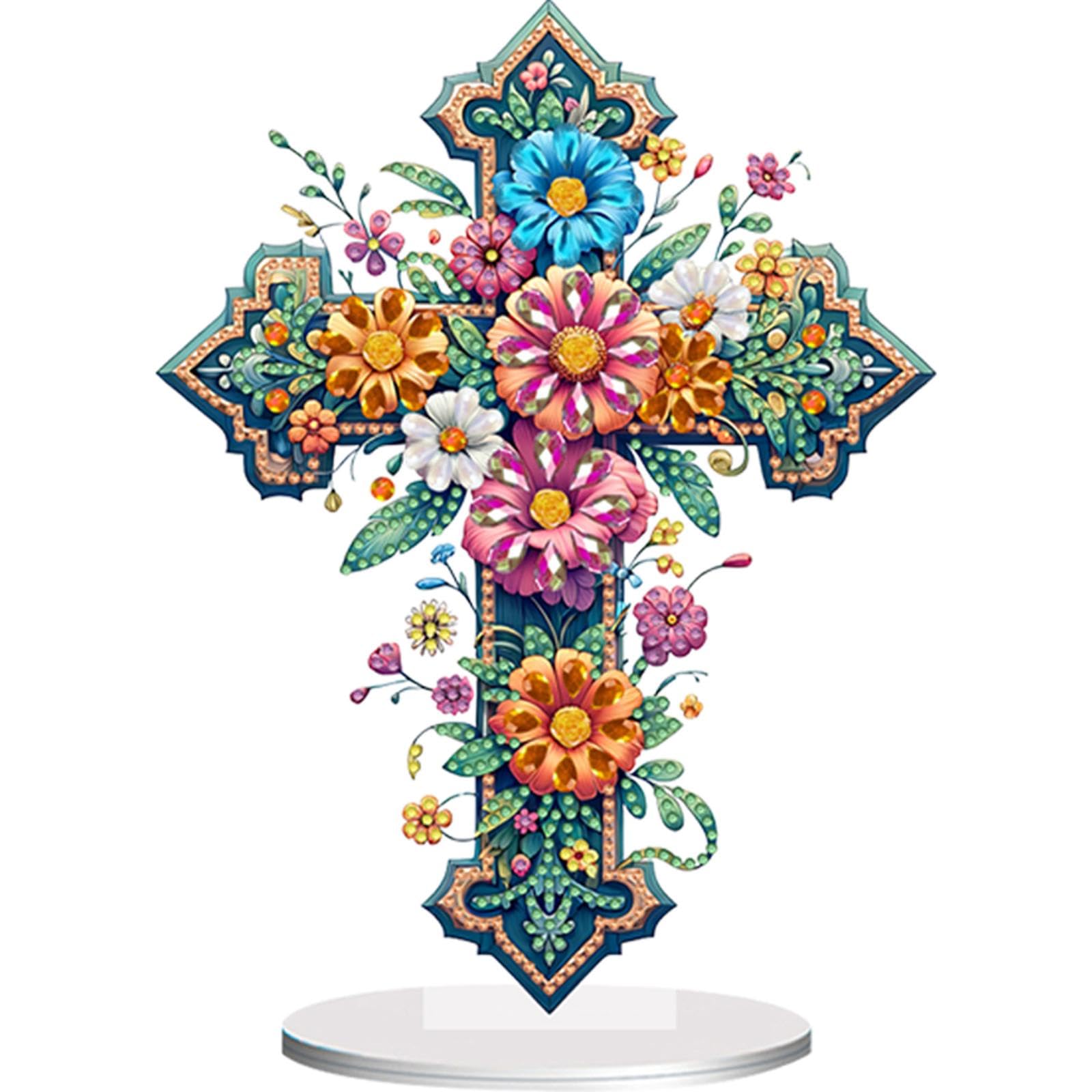 KOBONA Acrylic Special Shape Cross Sunflower Diamond Painting Tabletop Ornaments Kit Table Top Diamond Painting Ornament Kits 5D DIY Diamond Art Tabletop Decorations for Home Office Decor (KJ0316)