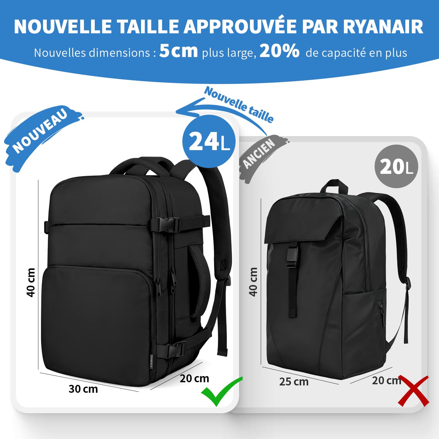 ZOMFELT Bagage Cabine 40x30x20, 24L Sac à Dos Voyage Cabine Avion pour Wizzair Eurowings Ryanair, Étanche Sac Cabine Avion 40x30x20 Sac de Voyage Femme Homme, Sac à dos cabine pour PC 15 pouces Noir