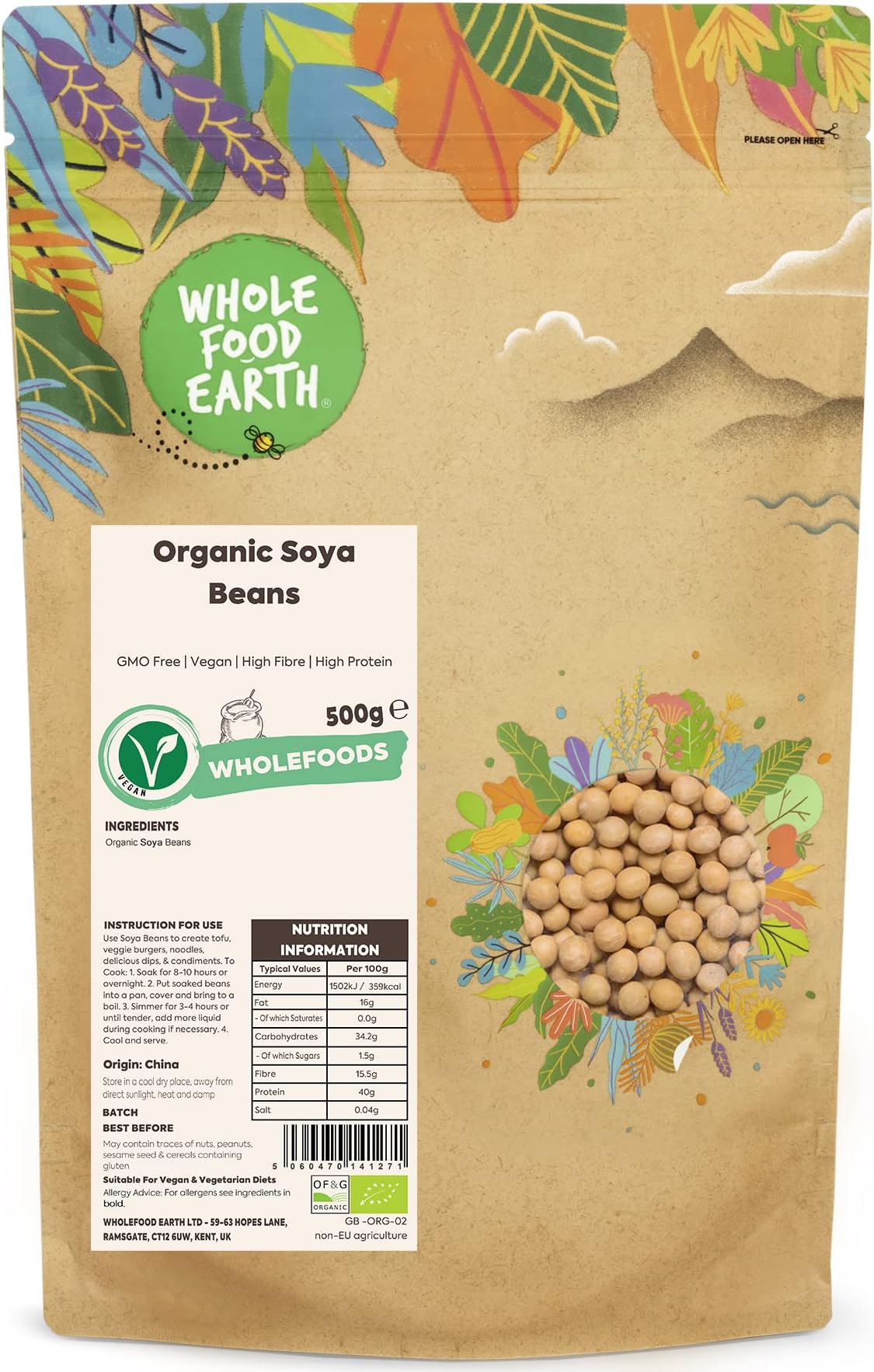 Wholefood Earth Organic SOYA Beans 500g GMO Free | Vegan | High Fibre | High Protein | Certified Organic