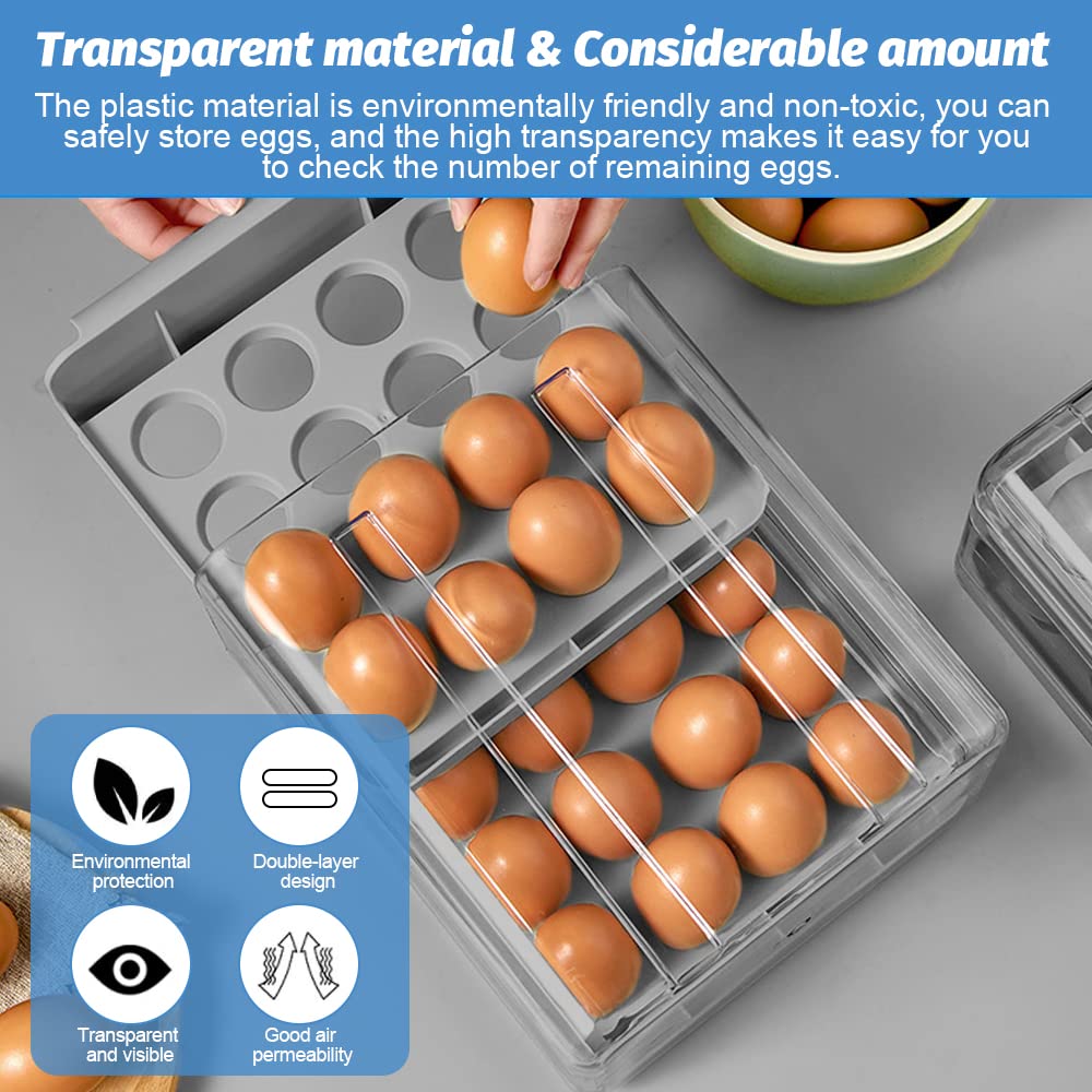 THATSRAD Caja de Huevos para Nevera 32 Rejillas Huevera para Frigorífico Cajón Caja de Almacenamiento para Huevos Bandeja para Huevos Caja Huevos para Refrigerador, Panadería (23,5*21,5*13,5cm, Gris)