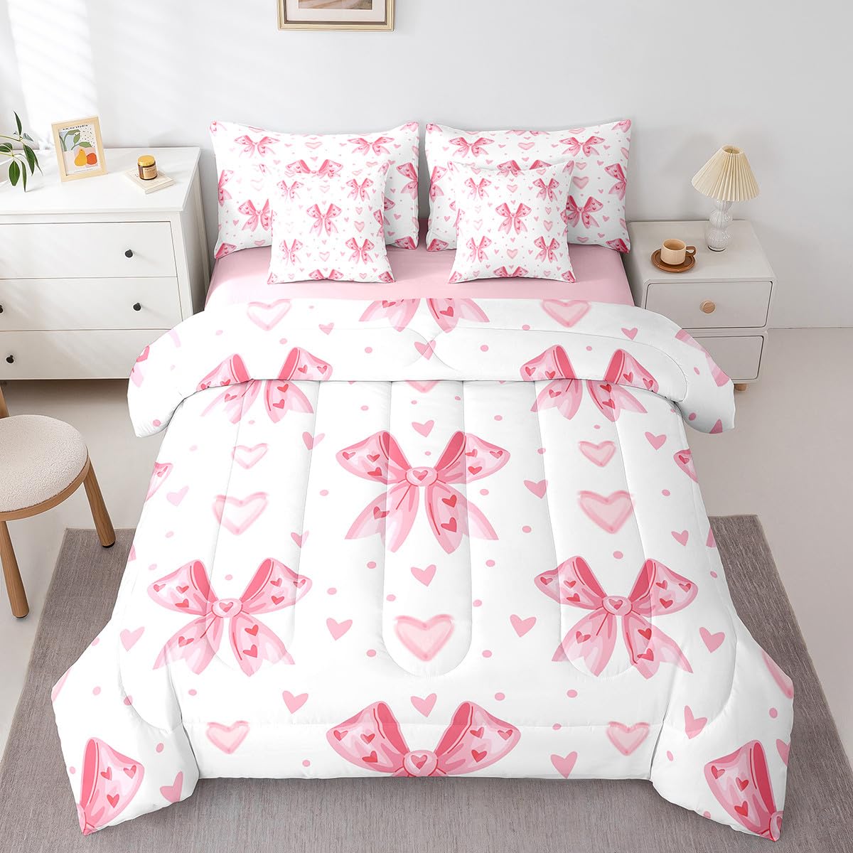 Erosebridal Pink Kawaii Bowknot Bed in A Bag Cute Girly Bow Bedding Set for Kids Girls Teen Women Bedroom Decor,Dreamy Princess Bowknot Queen Comforter Set 7 Piece Watercolor Love Heart Bed Set