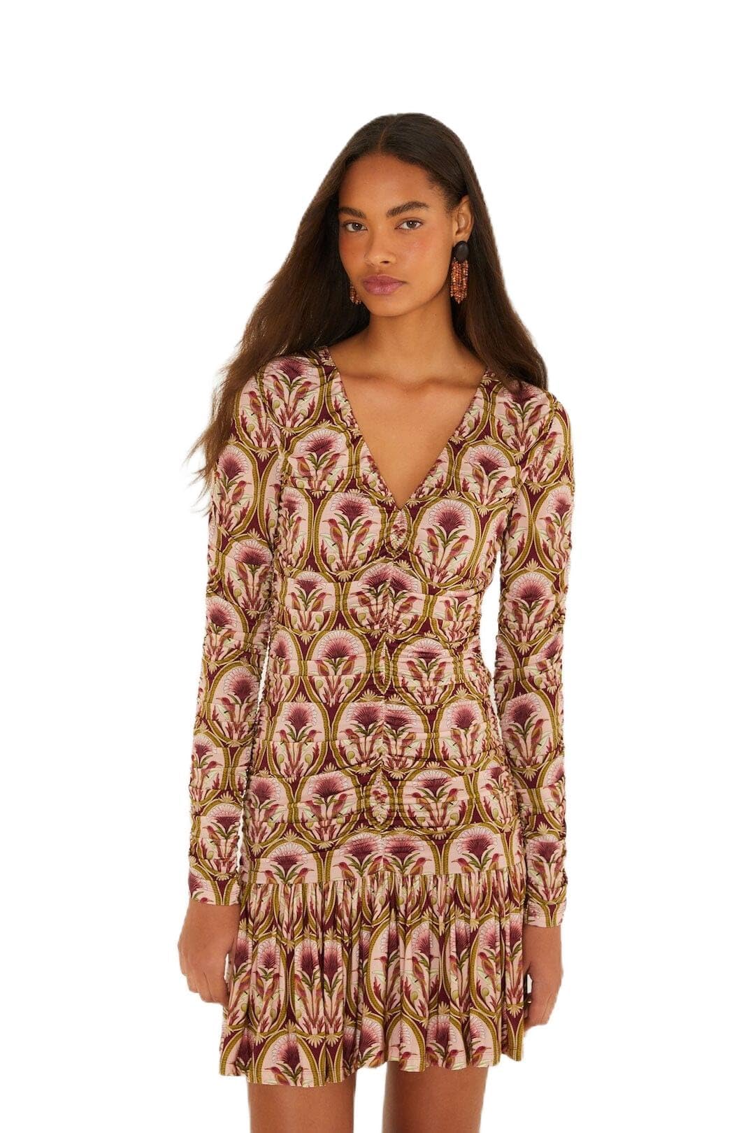 Garden Medal Long Sleeve Ruched Mini Dress