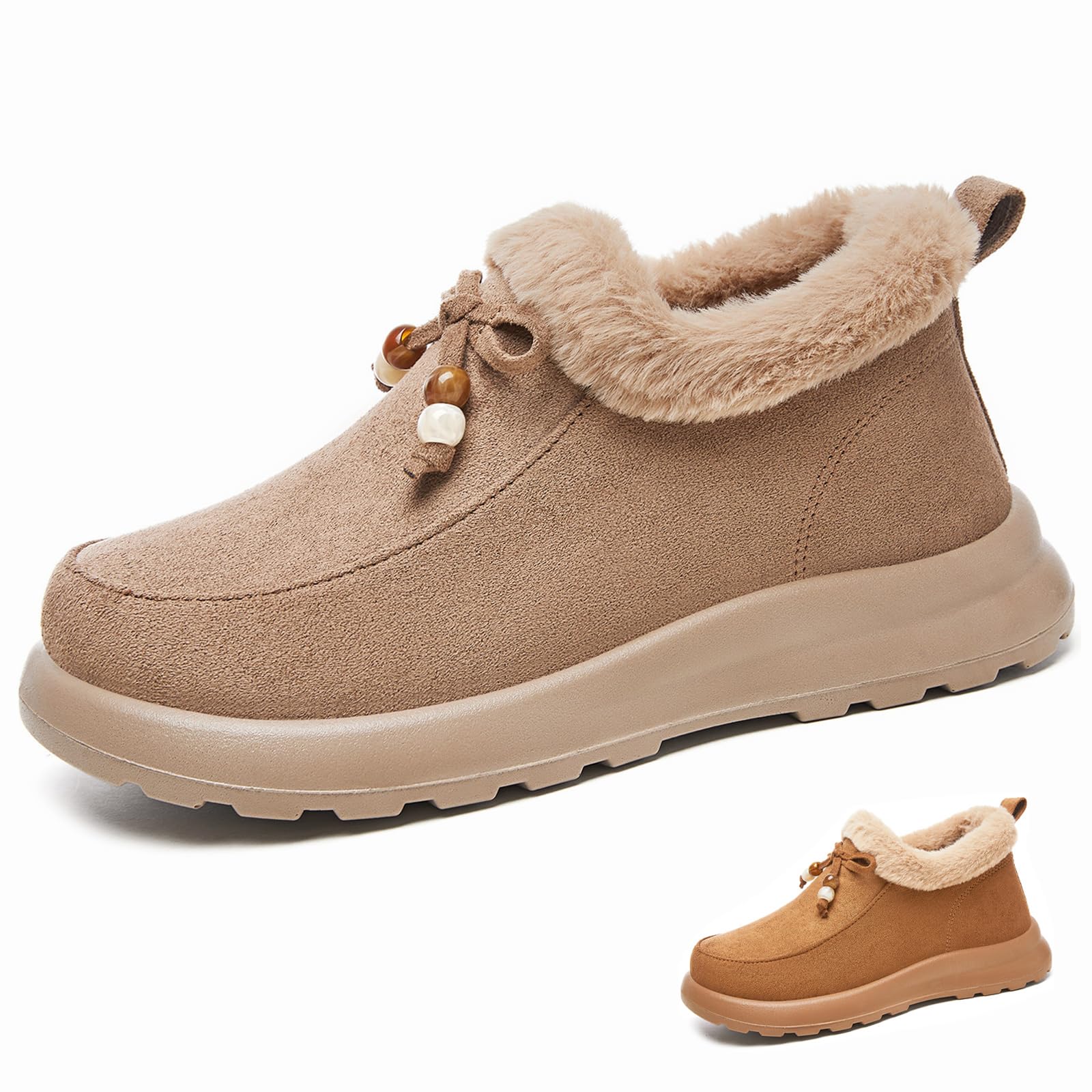 Womens Suede Furry Collar Slip On Winter Ankle Boots Warm Faux Fur Lining Lightweight Water Resistant Snow Boots