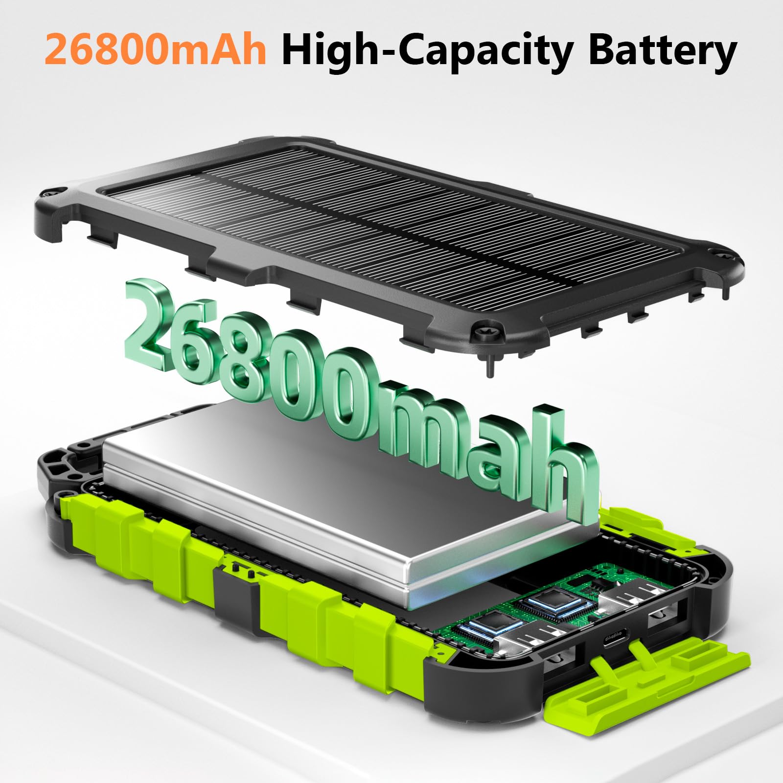 Solar Power Bank 26800mAh, PD22.5W USB C Caricabatterie solare portatile a ricarica rapida con 3 uscite, 2 ingressi e luce a LED, per telefoni esterni, tablet e altro