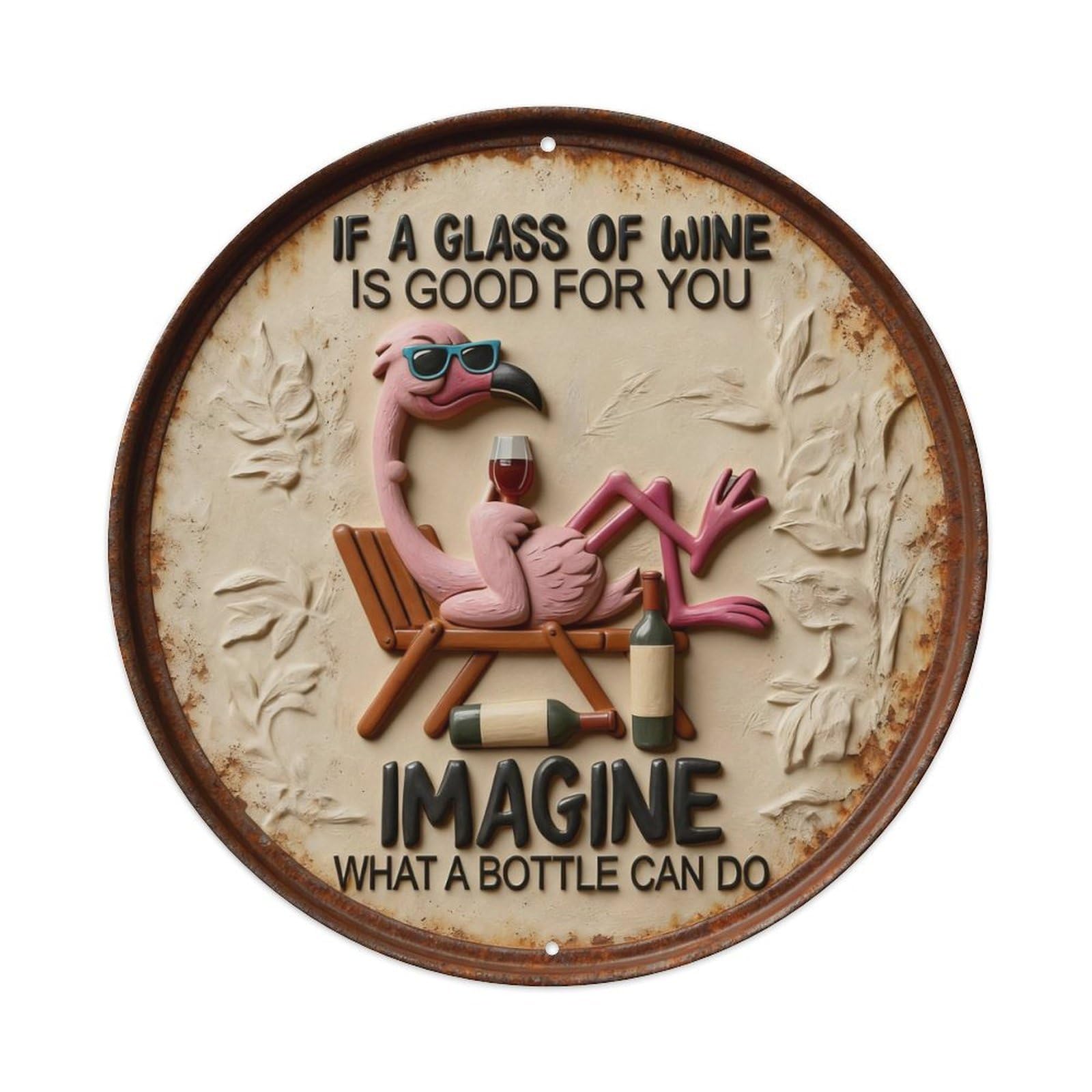 Zlatcbu Vintage Flamingo Relaxing With Wine Bottle Metal Tin Sign Retro Wall Art Poster, Decor For Home Living Room Bar Cafe Garage, 8X8 Inch